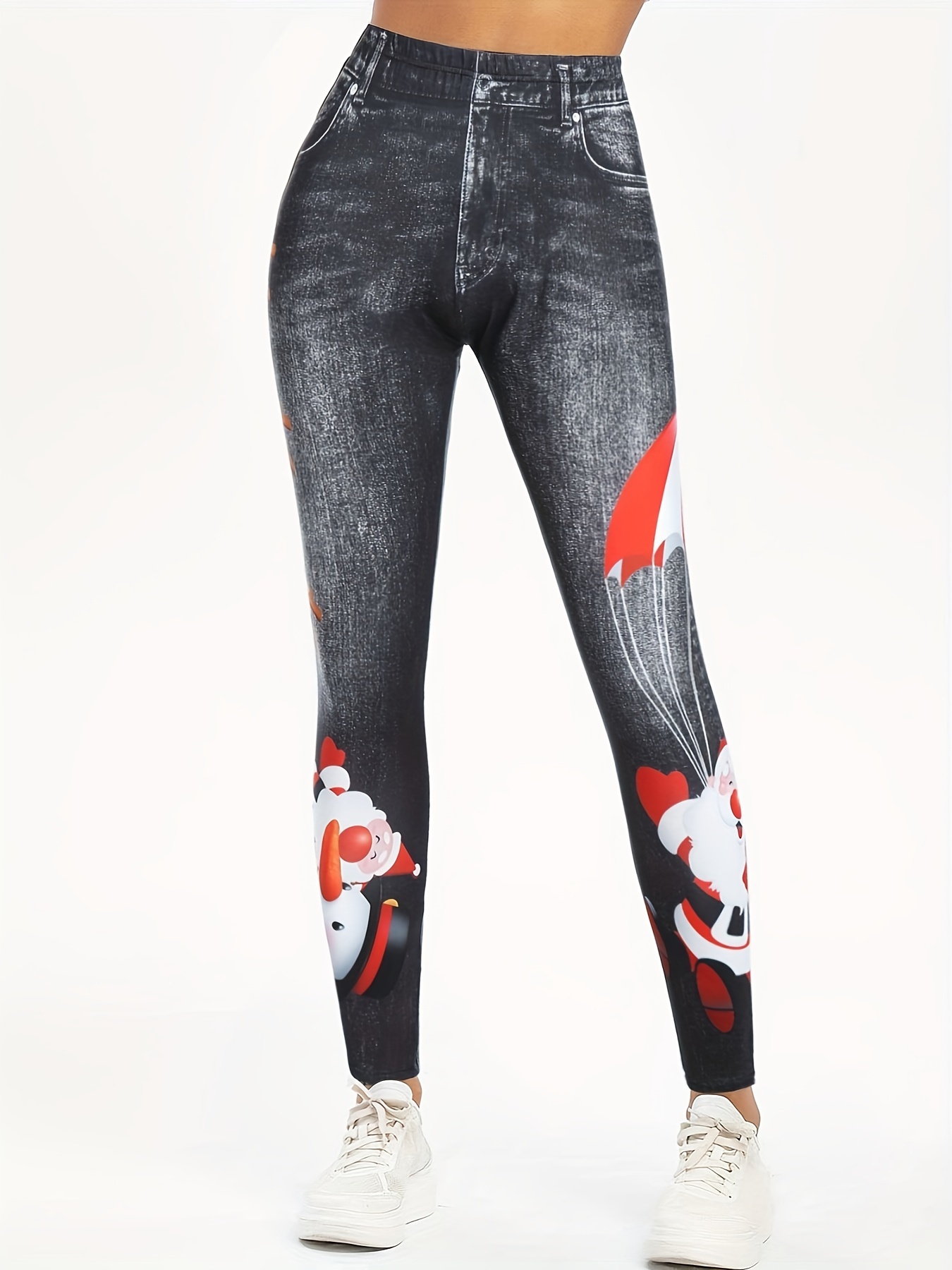 Christmas Santa Print Skinny Leggings Casual High Waist - Temu Canada