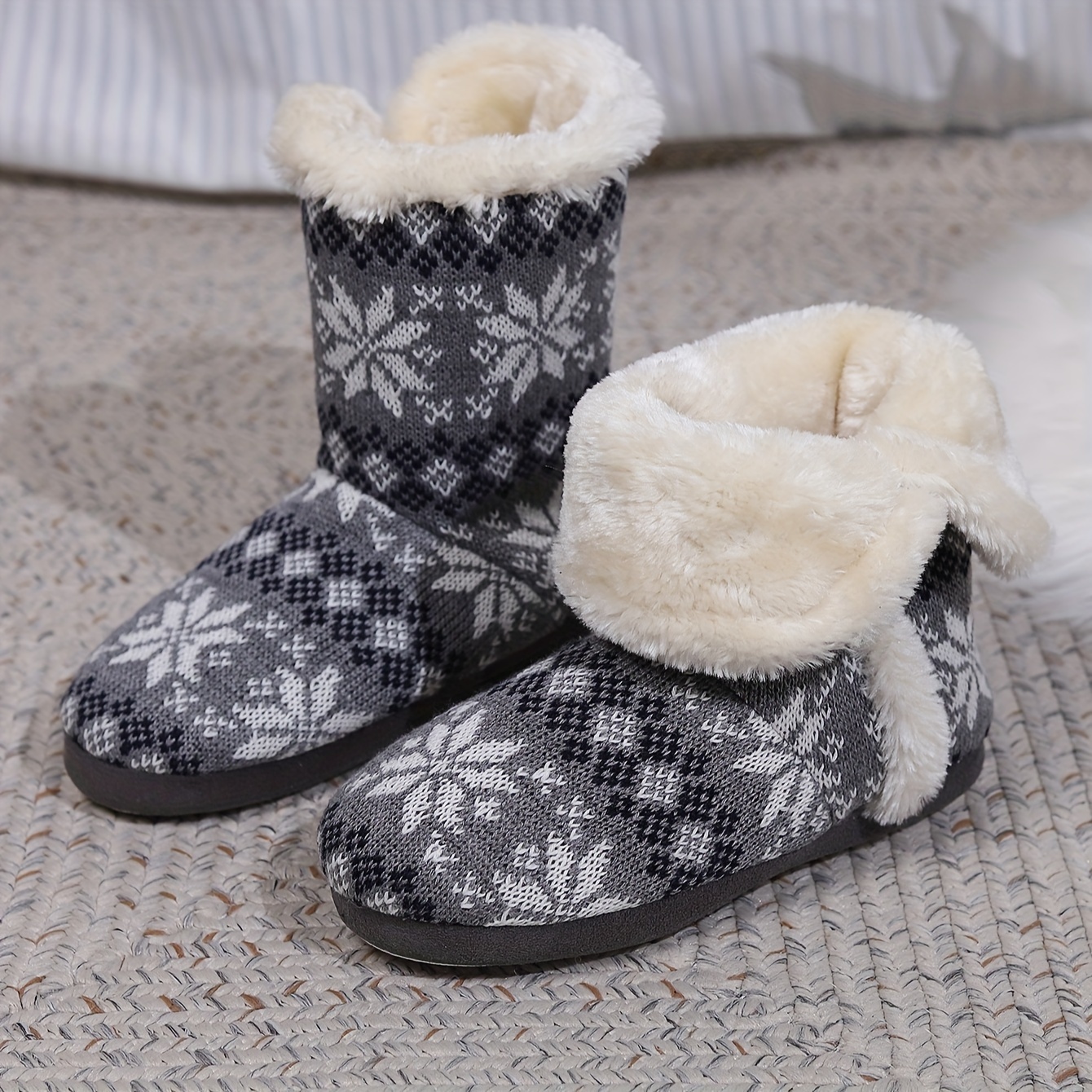 Winter Snowflake Patter Fleece Slipper Boots, Christmas Slip On Plush Lined  Flat Shoes, Cozy & Warm Short Boots
