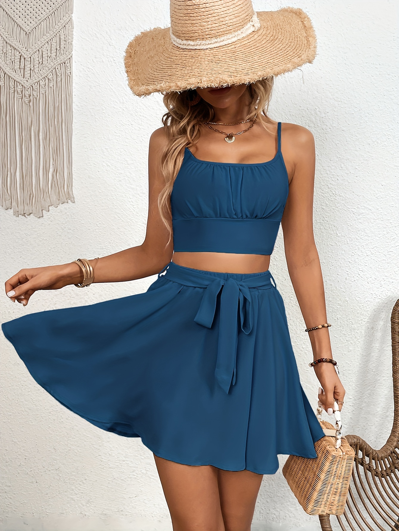 Casual Solid Two-piece Skirt Set, Crop Cami Top & Tie Front Skirt Outfits,  Women's Clothing