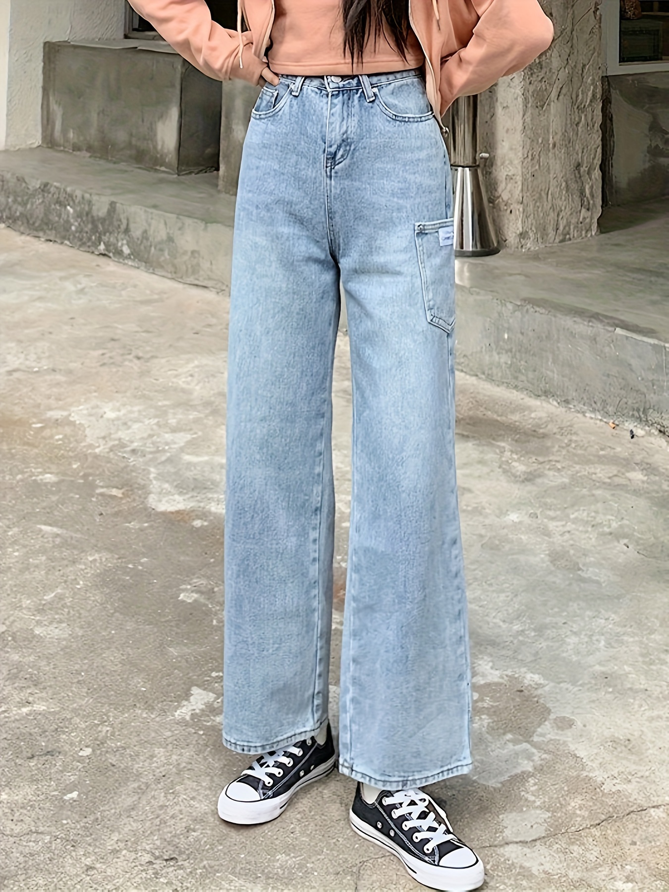 Blue Patch Pockets Wide Legs Jeans Loose Fit Retro Style - Temu
