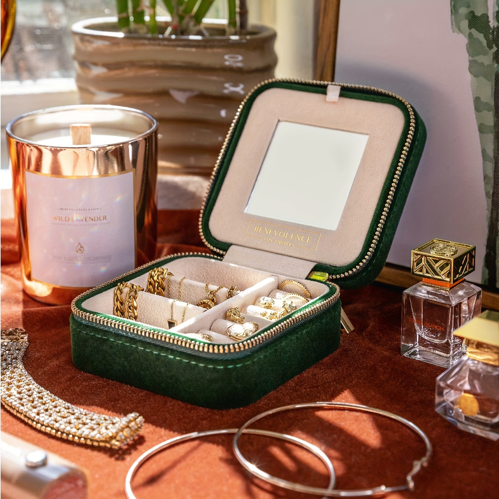 Benevolence LA - Plush Velvet Travel Jewelry Box Organizer with Mirror
