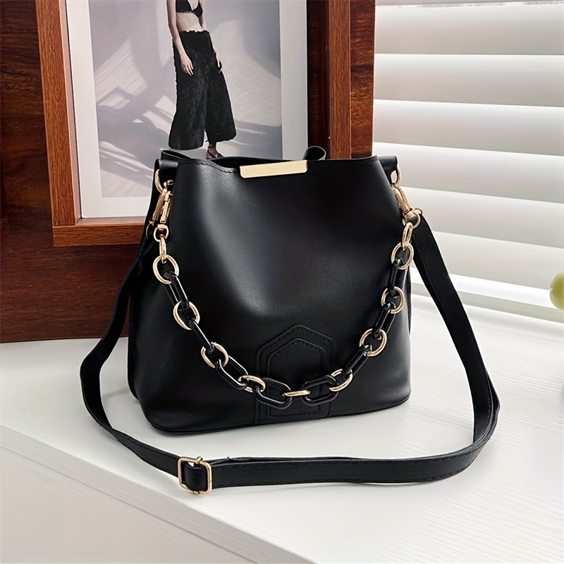 Small Bucket Thick Chain Crossbody Bag, Pu Leather Textured Bag