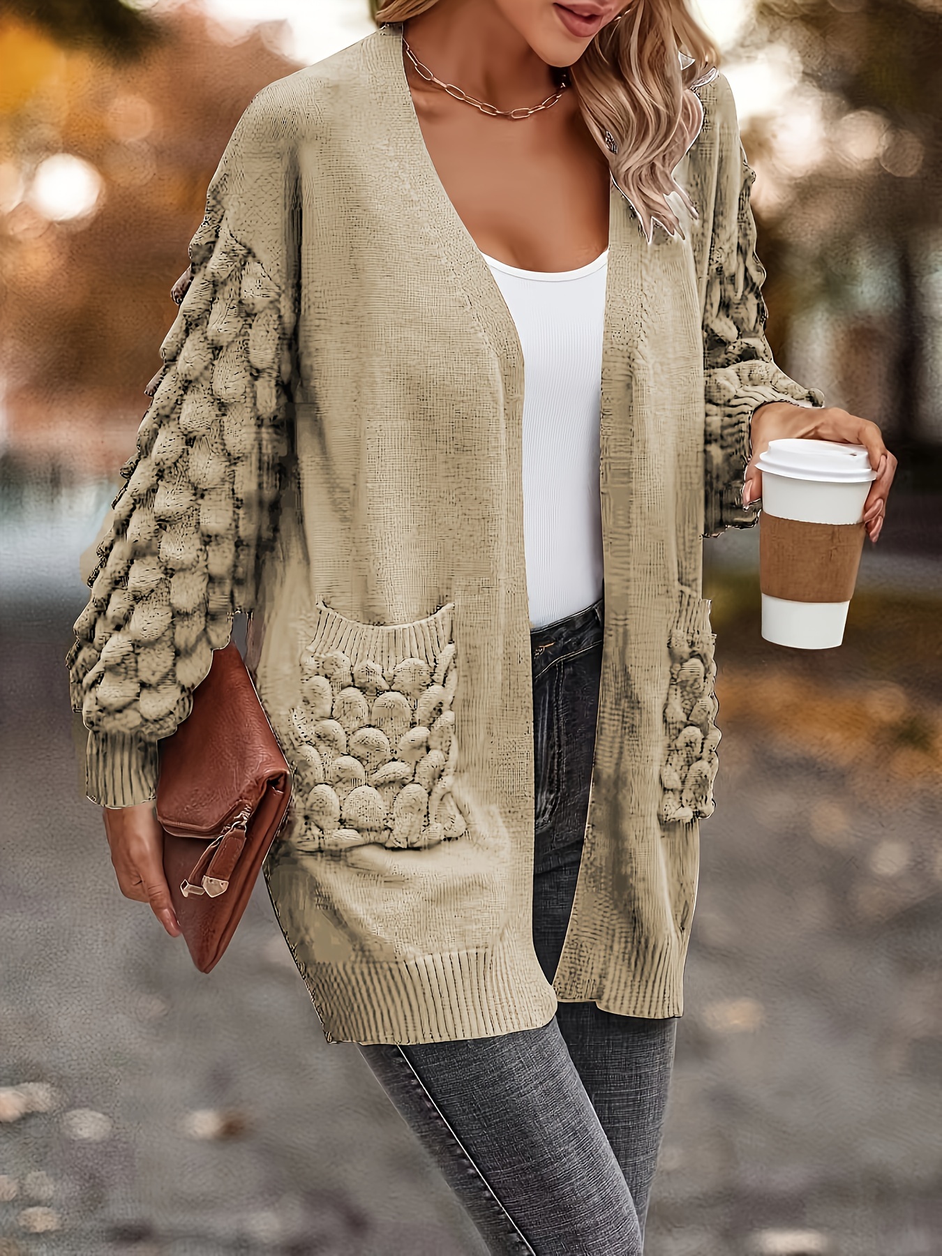 Solid Open Front Cardigan Casual Long Sleeve Drop Shoulder - Temu