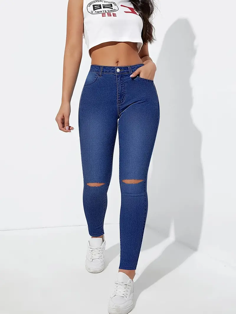 High * Ripped Knees Skinny Jeans, Tight Fit Stretchy Distressed Denim  Pants, Women's Denim & Clothing
