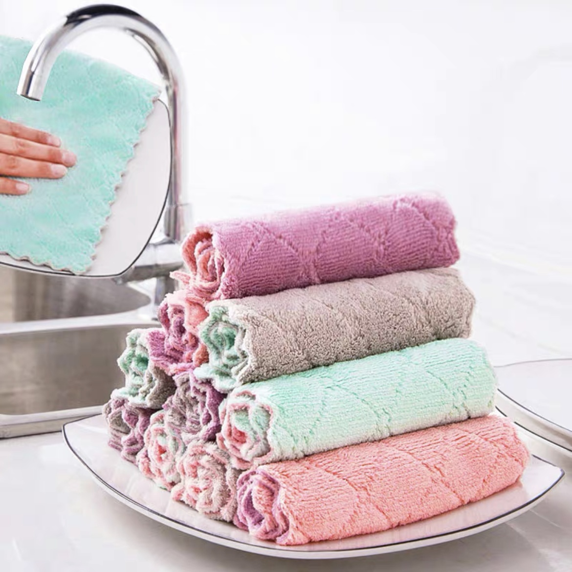 5pcs Pink Thick Wave Dishcloth, Cleaning Cloth, Kitchen Wiping Cloth, Absorbent  Fabric For Home Cleaning