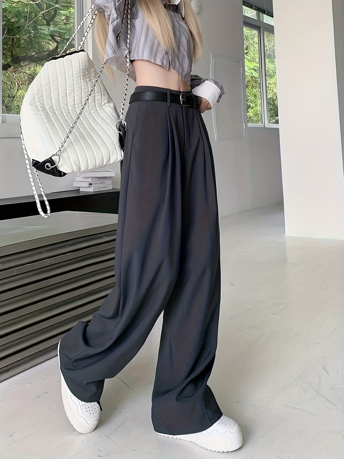 Womens Dress Pants Solid Casual Loose Baggy High Waist Straight Wide Leg  Pull On Office Business Pants Work Trousers 