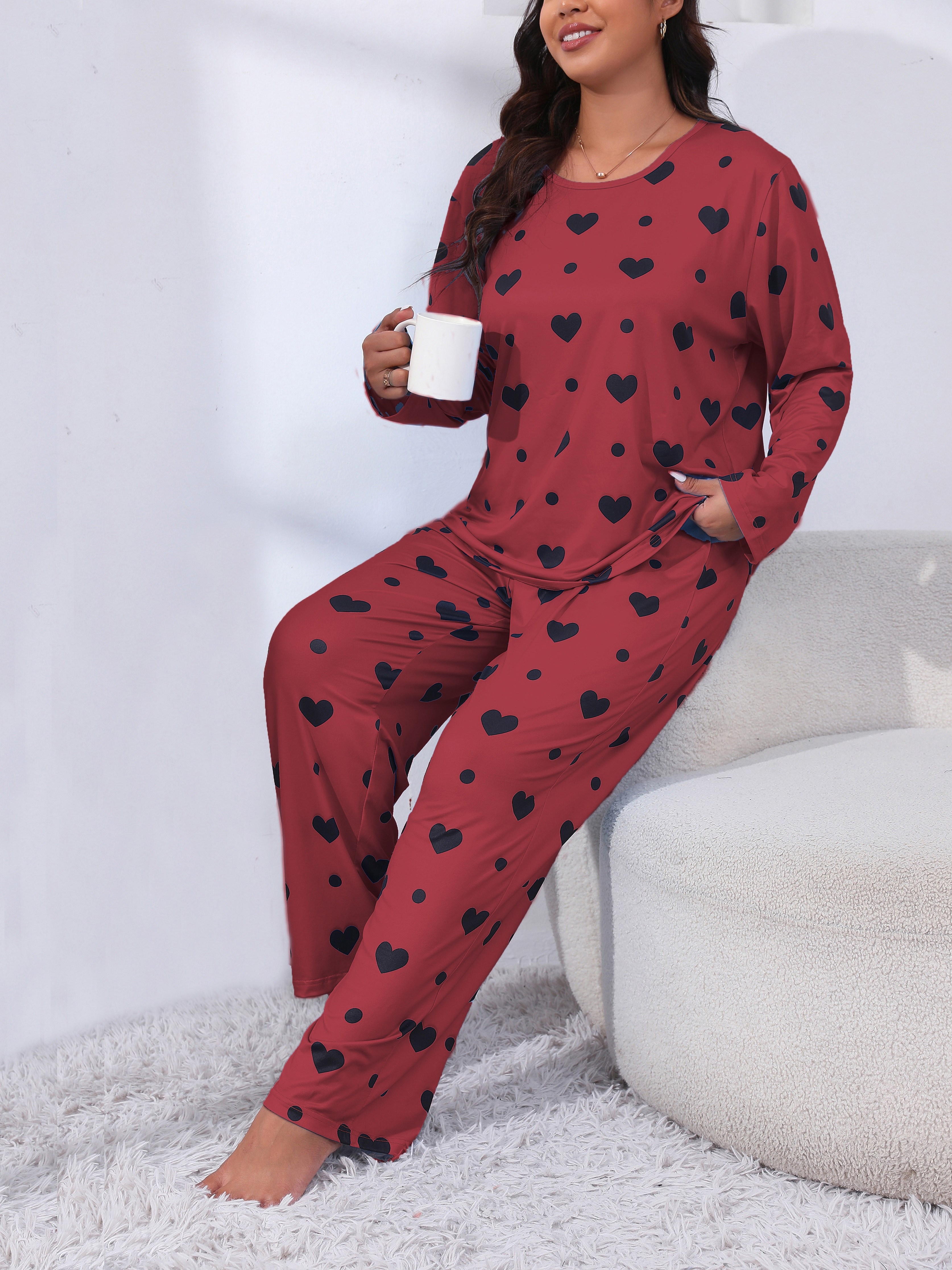 Plus Tonal Heart Print Top & Leggings Pajama Set