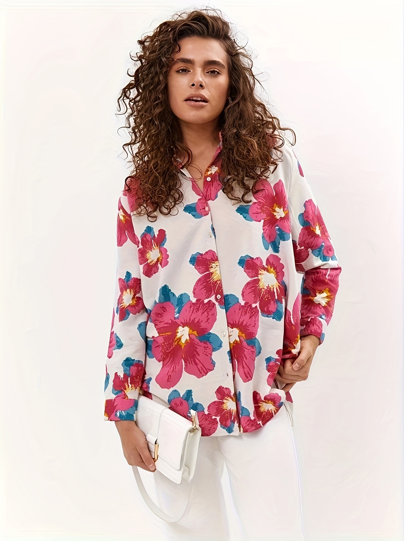 Blusa Estampada Floral Con Botones Delanteros, Blusa Casual De Manga Larga Para Primavera Y Otoño, Ropa De Mujer