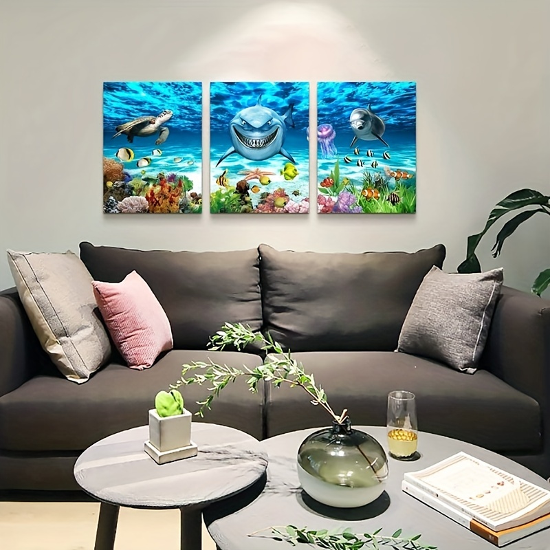 Canvas Wall Art For Living Room, Family Wall Decor For Bedroom Bathroom Wall  Decoration Blue Ocean Sea Turtle Canvas Art Modern Shark Pictures Artwork  Paintings Office Prints Ready To Hang, No Frames