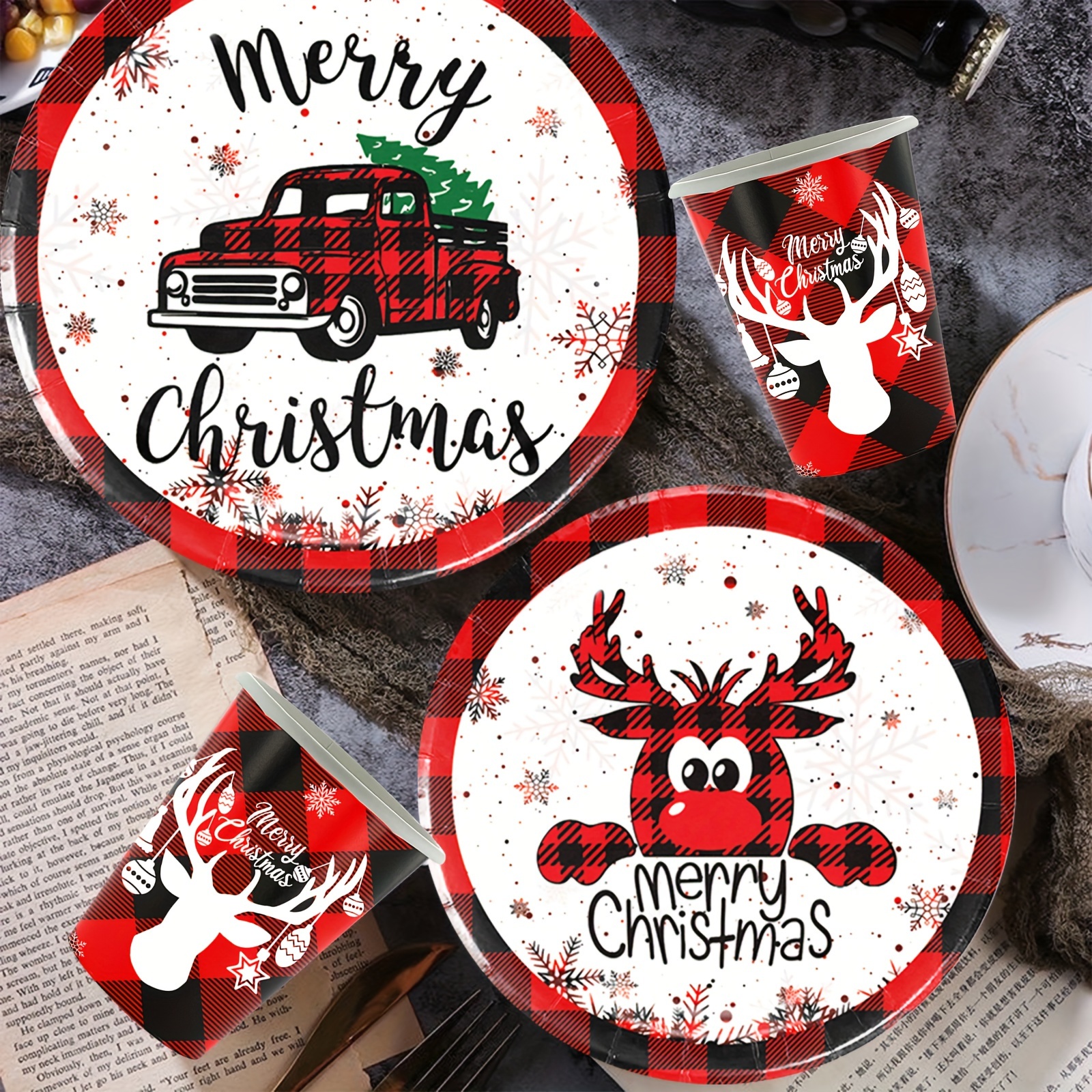 Christmas Paper Plates and Napkins Set - Disposable Dinnerware Table Decorations for Christmas Party, Includes Heavy Duty 9 inch Paper Plates, Cups