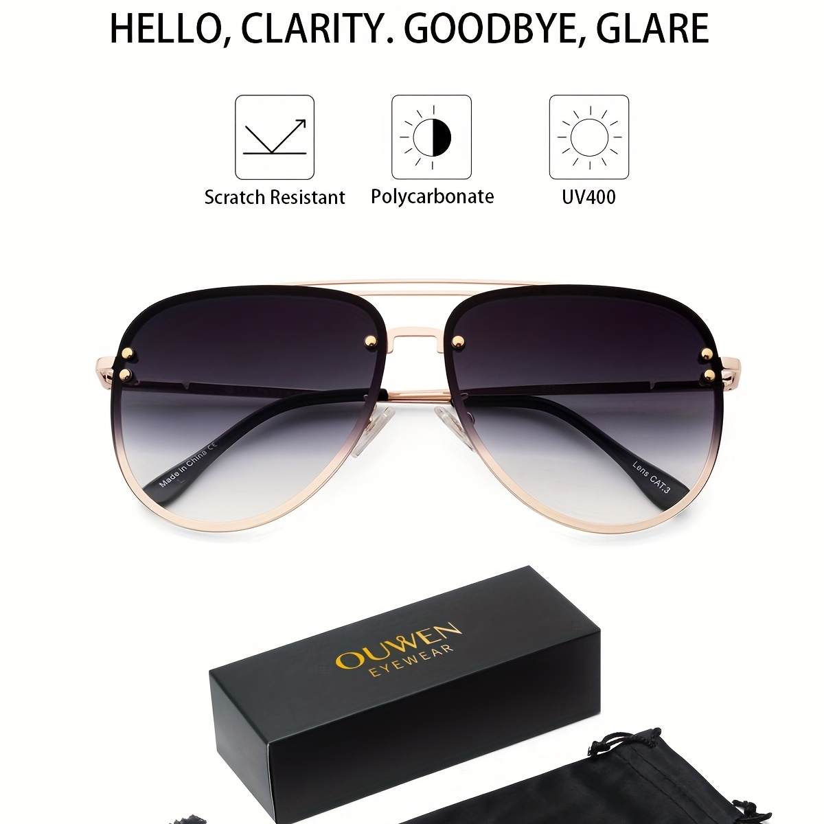 Women's Black Oversized Gold Detail Aviator Sunglasses