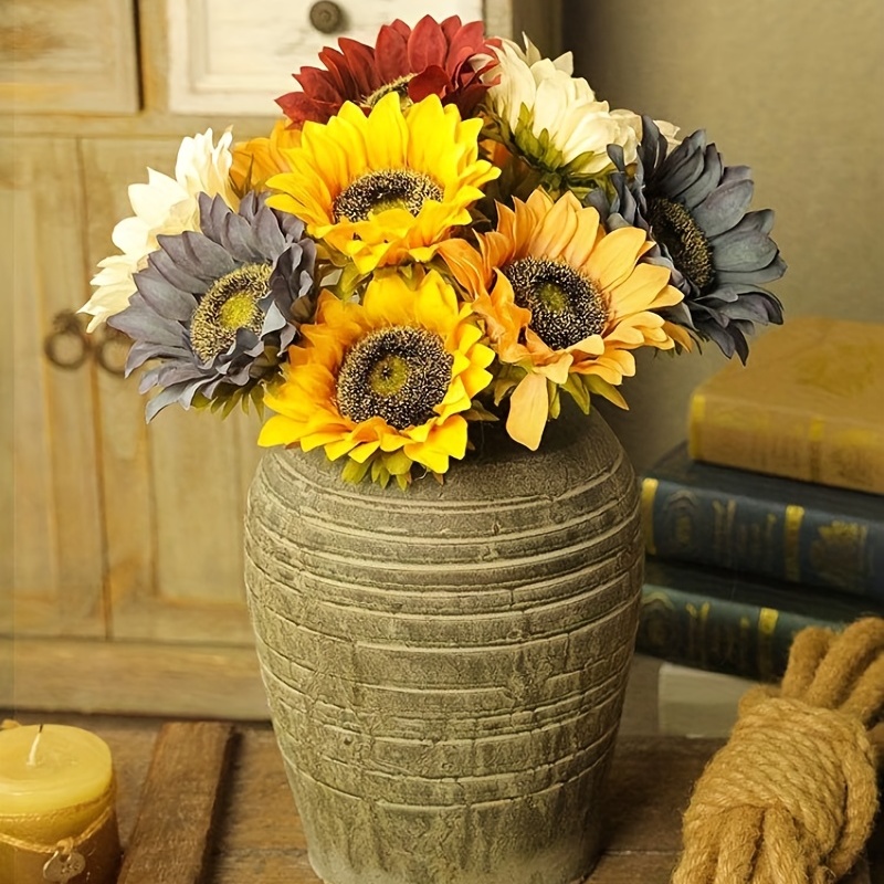 Lvydec Ramo de girasol artificial, 2 racimos de girasoles de seda de flores  amarillas falsas para decoración del hogar, decoración de boda (paquete de