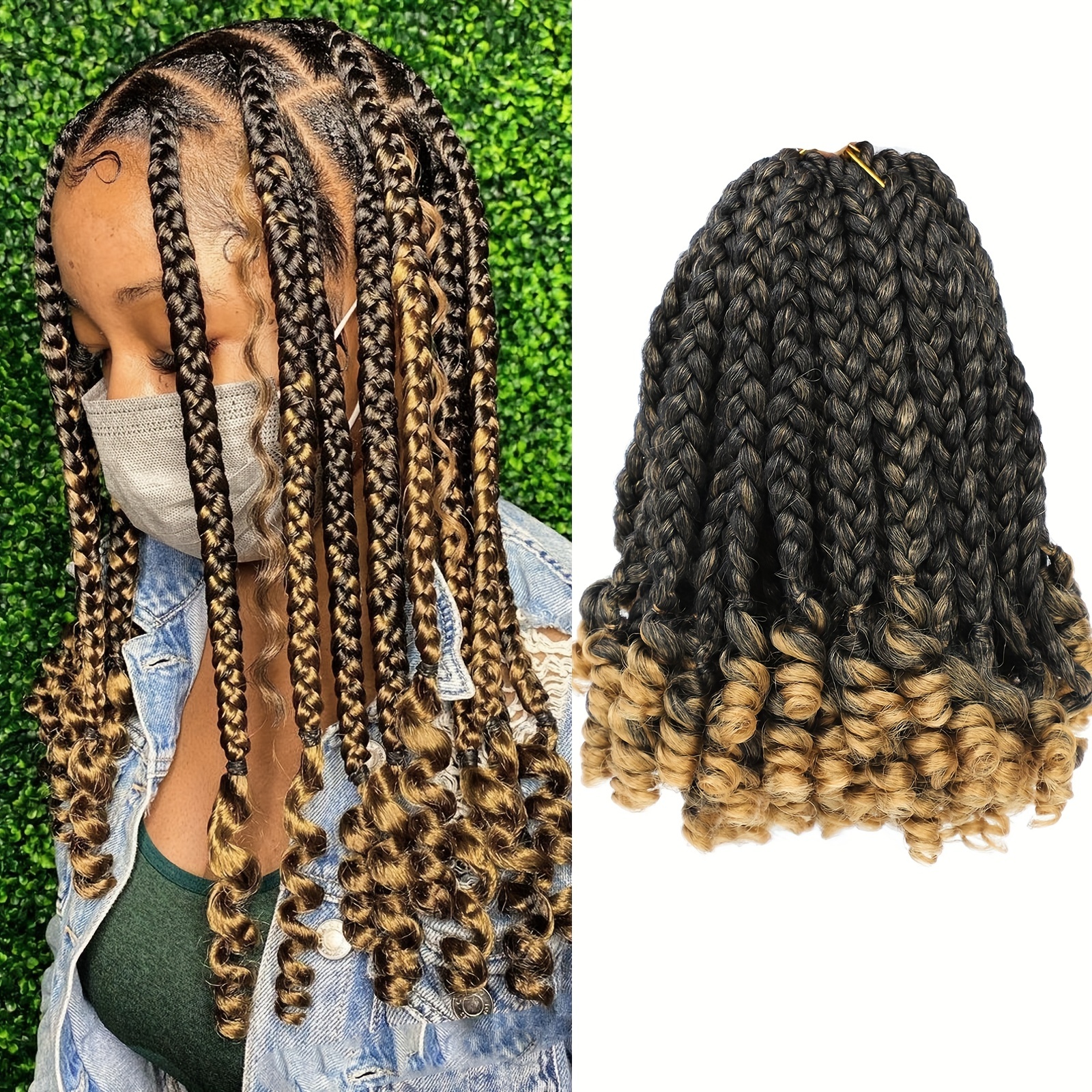 Feiboyy Fiber Crochet Hair With Three Braids Wrapped Around The Tail Box  Braids Curly Ends Horsetail Wig 