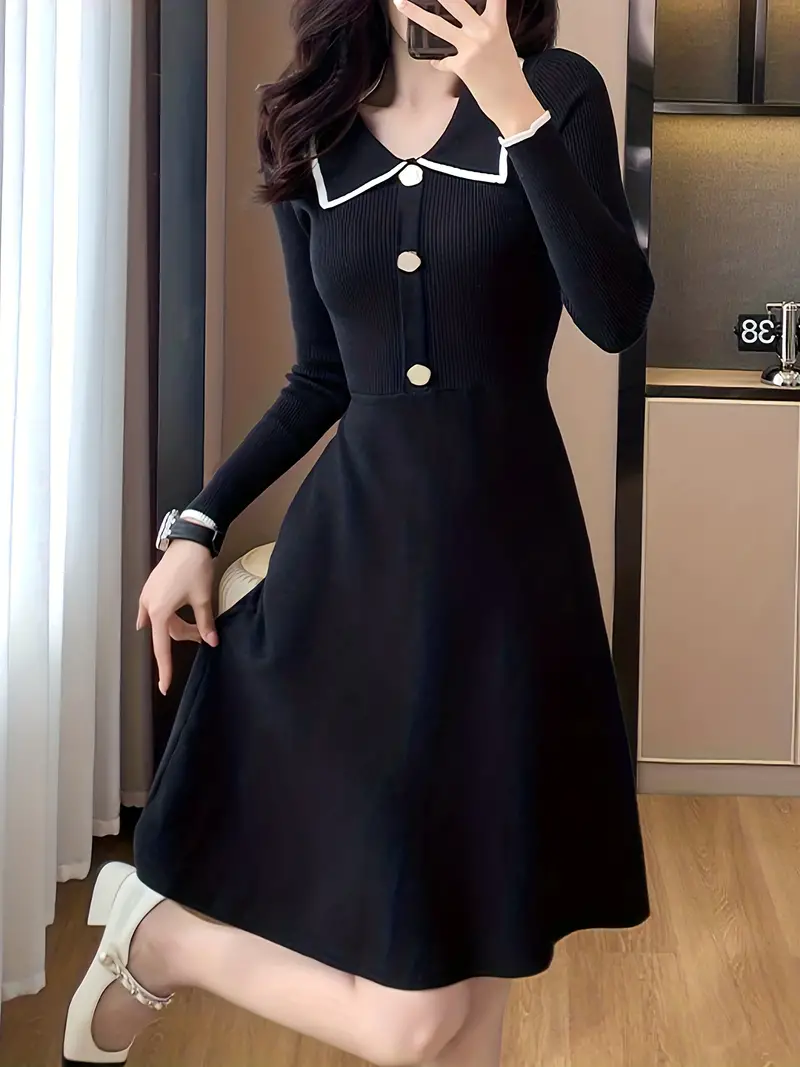 Button Decor Flat Collar Knit Dress Chic Long Sleeve A line - Temu