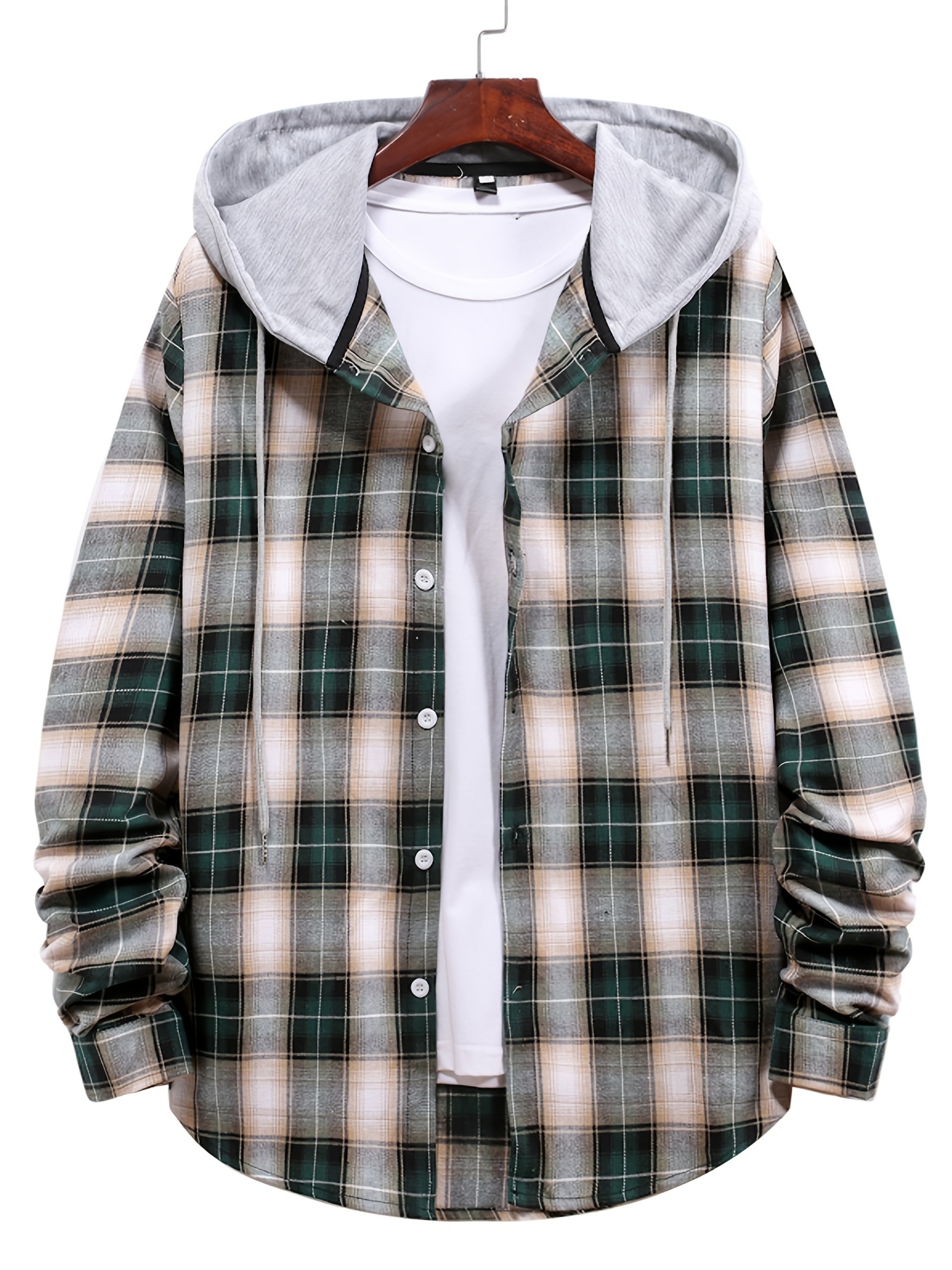 Men's Brown Plaid Print Hooded Shirt Casual Classic Thermal - Temu