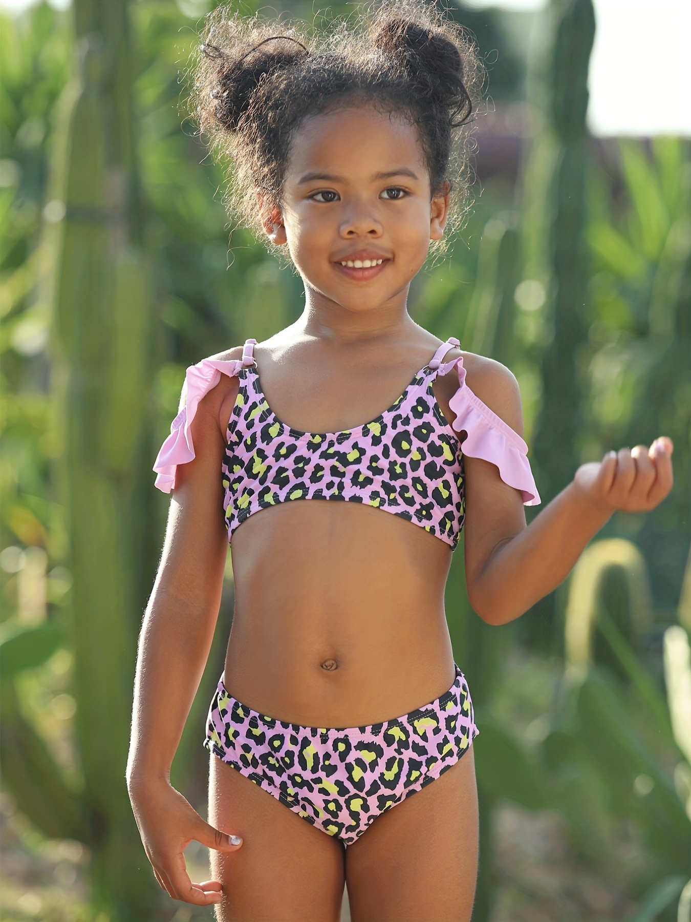 2pcs Toddler Girls Bikini Tankini Swimsuit Cold Shoulder Ruffle Trim Crop  Top & Leopard Triangle Swim Bottoms Set Kids Summer Beach Clothes Bathing