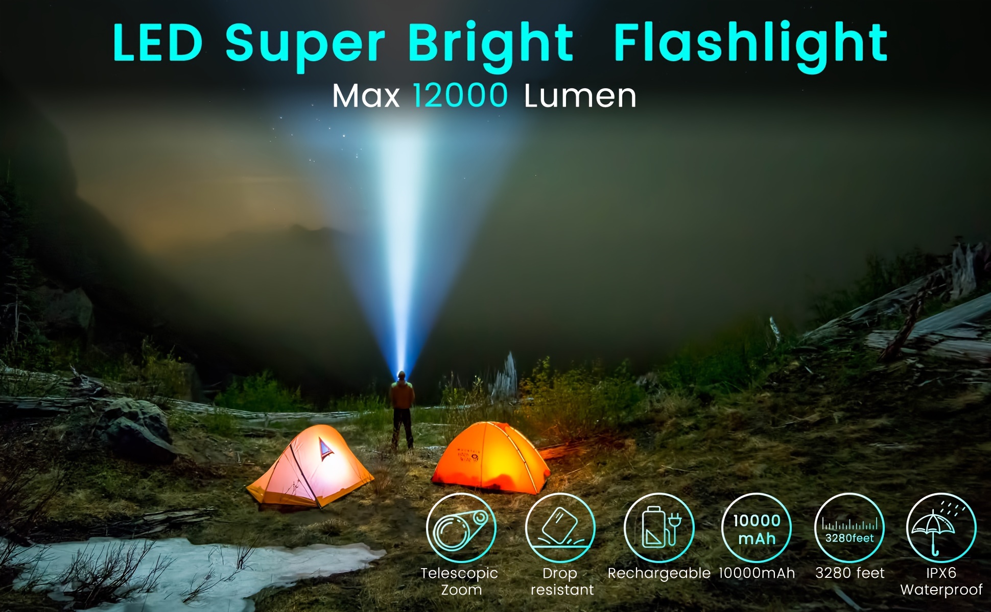 Linternas recargables de alto lúmenes máx. 150000 lúmenes, linterna LED  súper brillante, linterna más brillante de alta potencia para