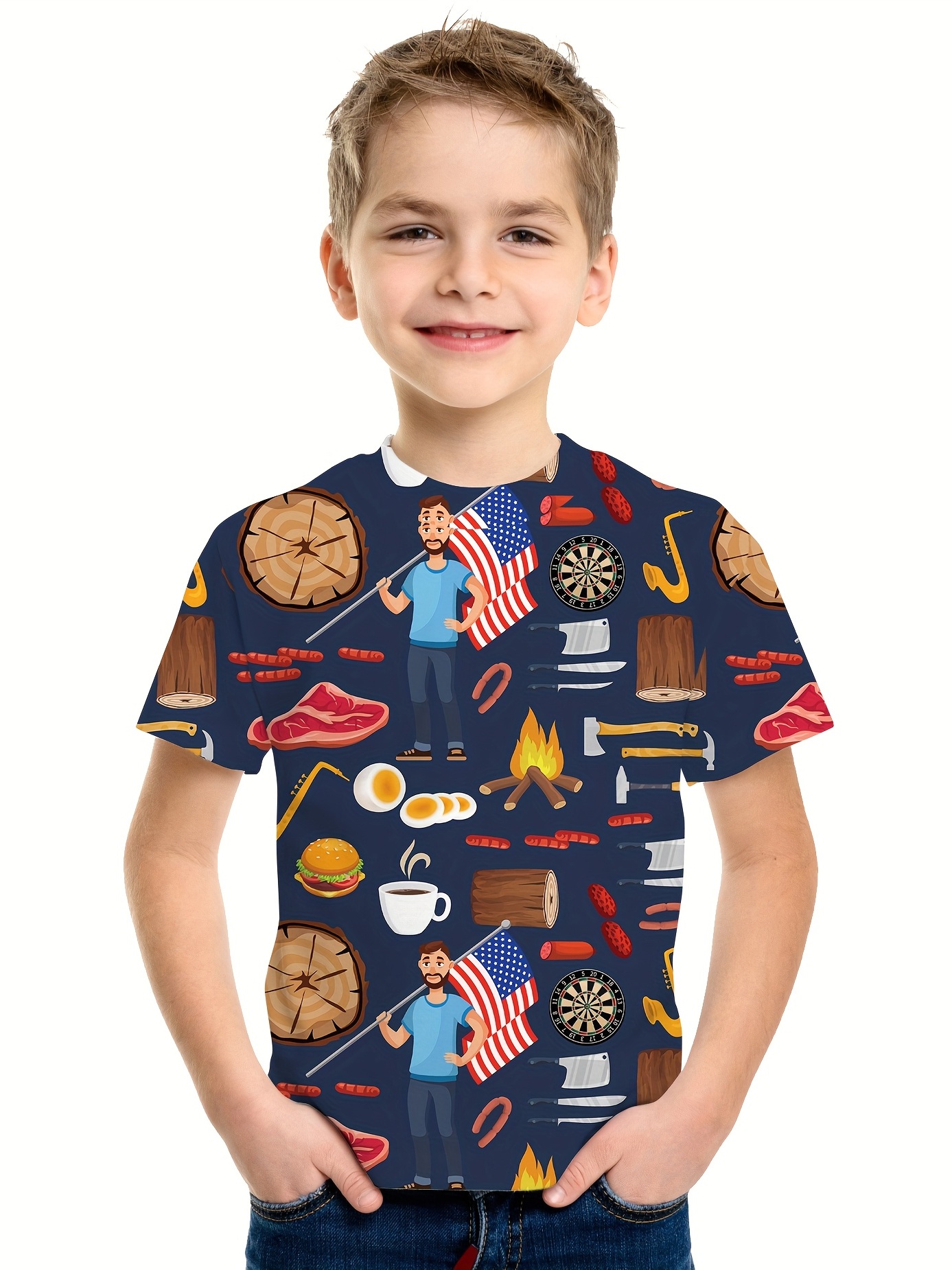 Cartoon Camping 3d Print T Shirt, Tees For Kids Boys, Casual Short ...