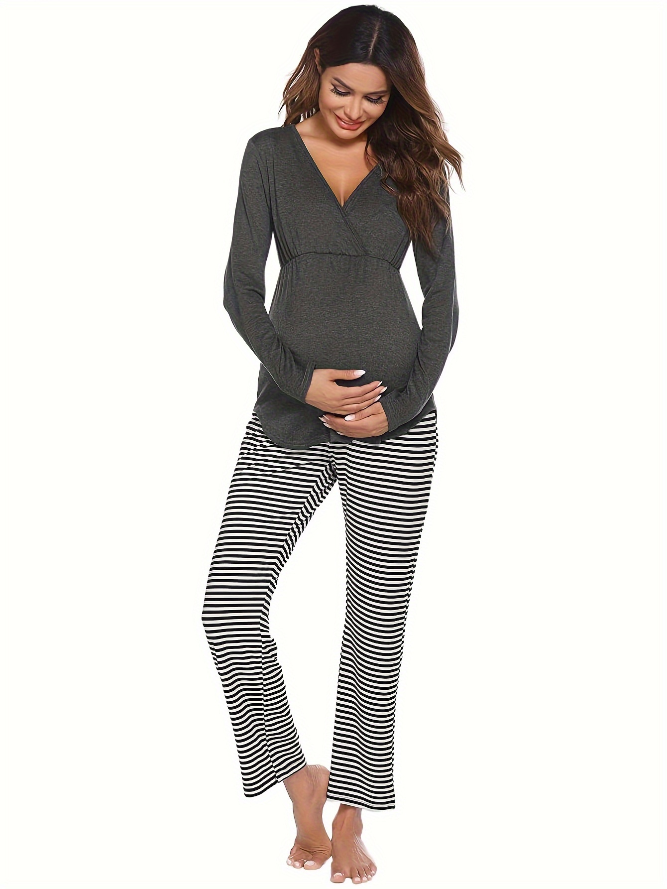 Women's Maternity Solid V neck T shirt Striped Pants Set - Temu