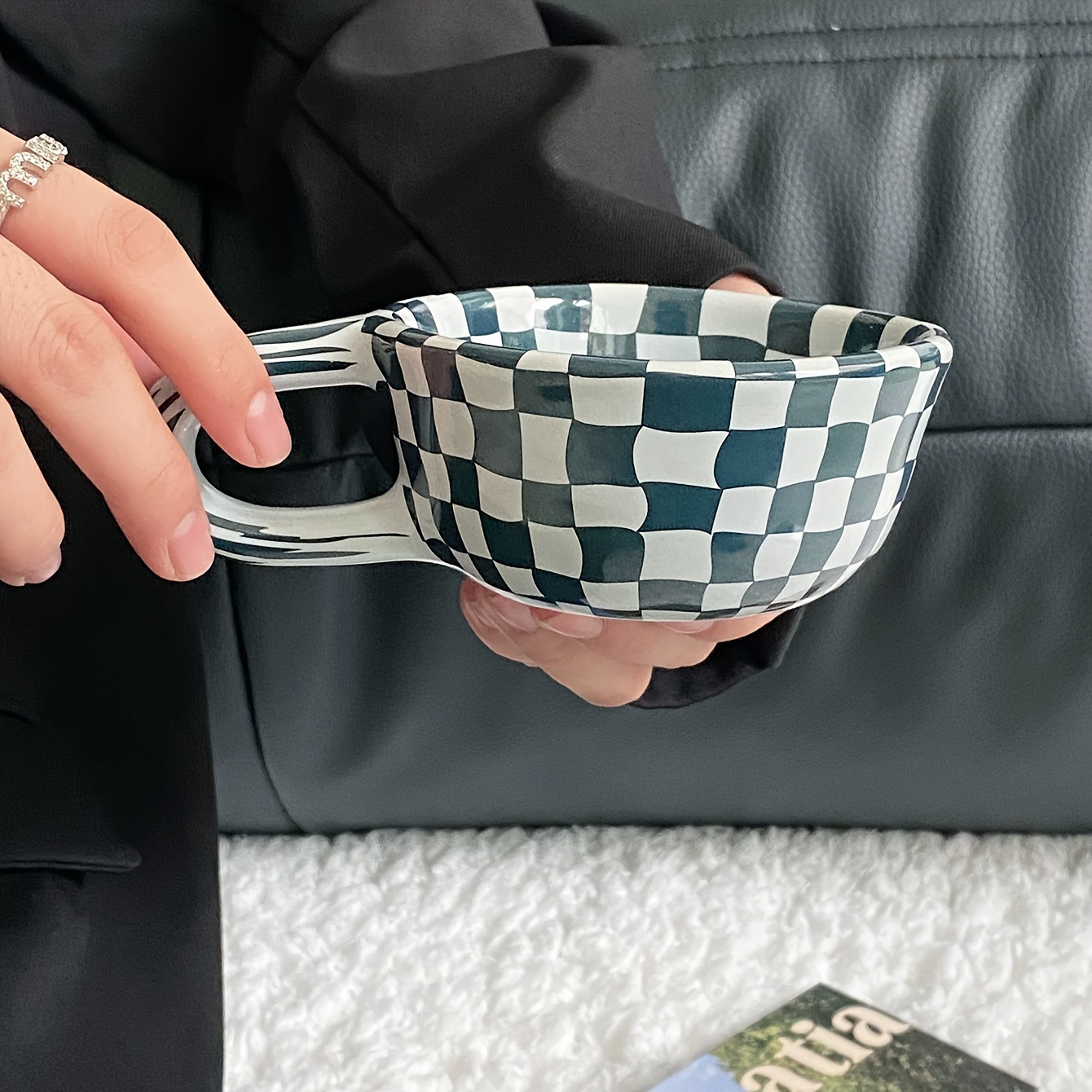 Ceramic Espresso Mugs Checkerboard Black White Coffee Cup Dish