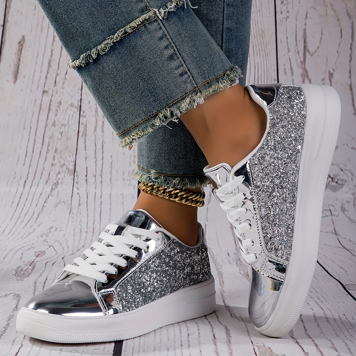 Solid Color Sequins Sneakers, Women's Decor Glitter Lightweight Casual Slip Shoes,Women Tennis Shoes,Temu