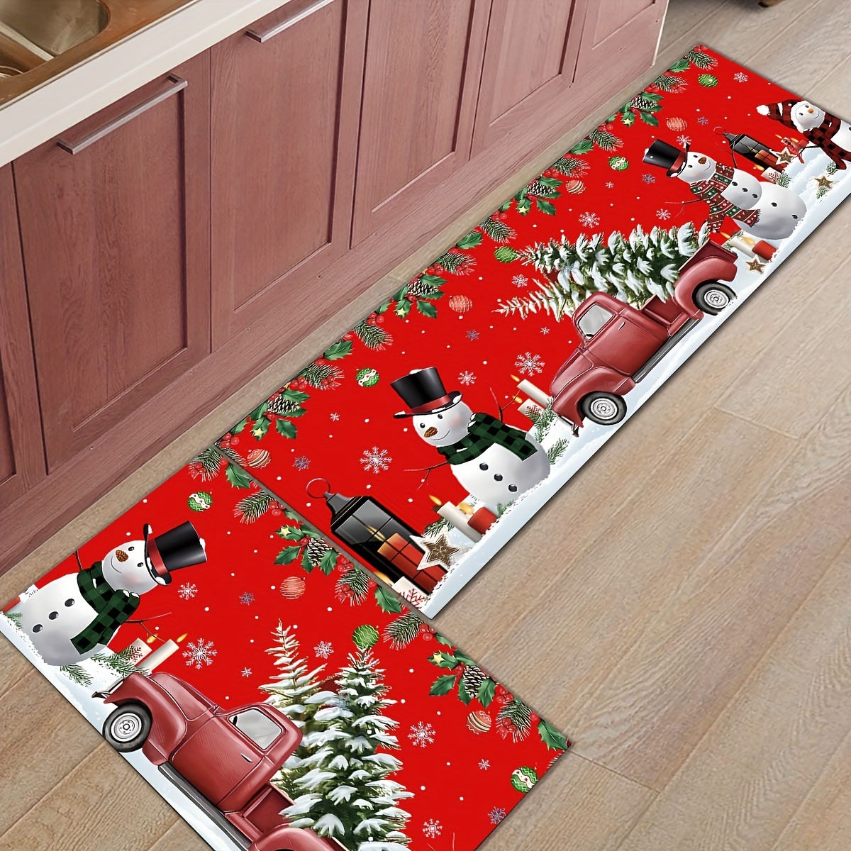 Kitchen Rug Non-Slip Kitchen Mats and Rug Red Merry Christmas Tree Bright  Country Winter Farmhouse