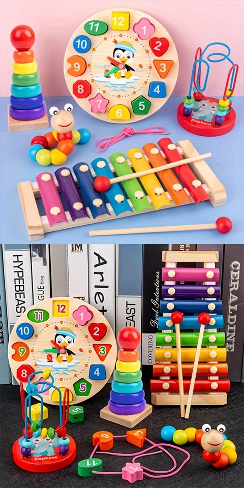 5 in 1 montessori wooden toys educational toys musical instrument xylophone bead decor rainbow tower twist insect number clock random mode details 0