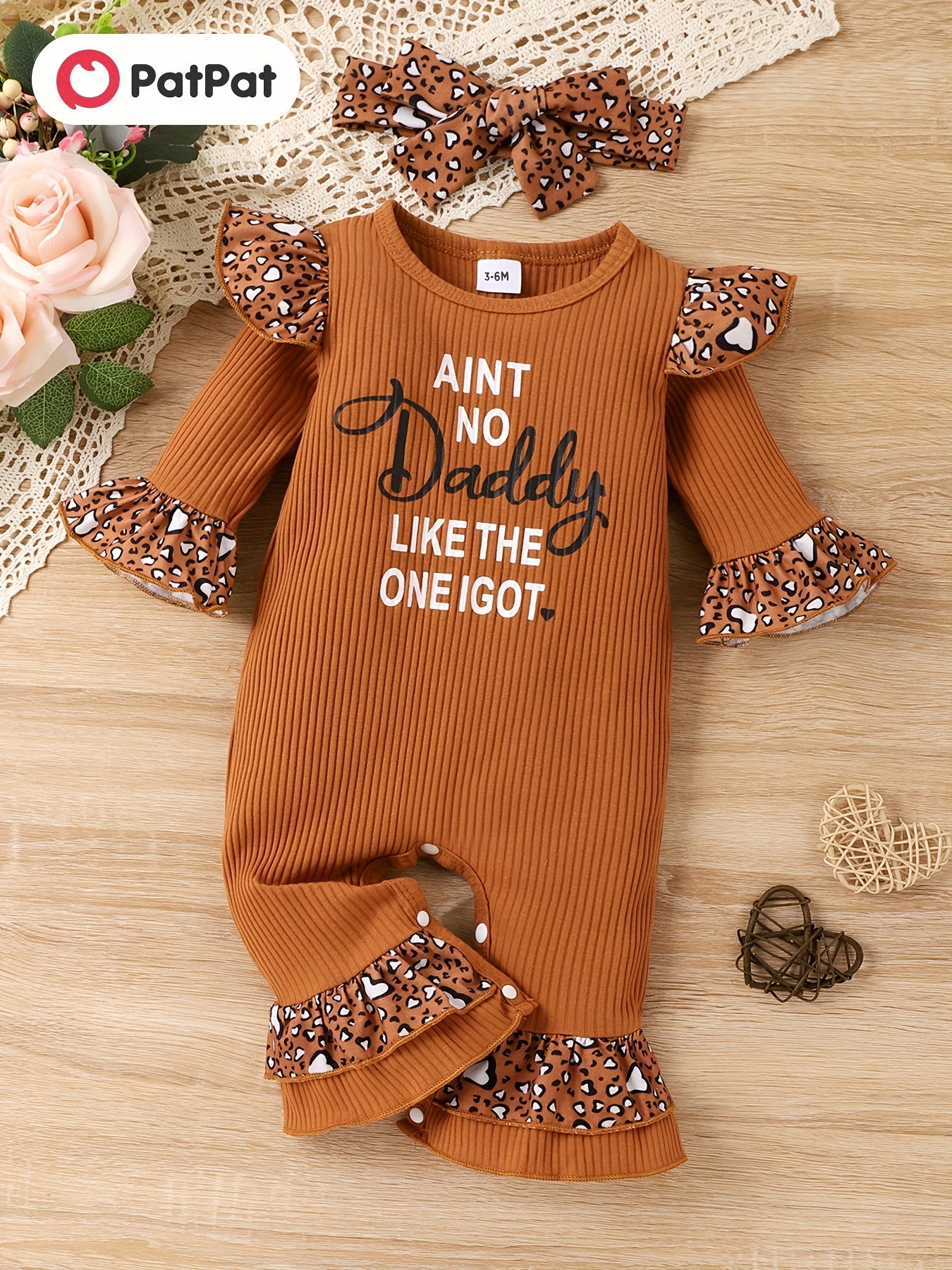 2pcs Baby Girl Brown Ribbed Ruffle Long-sleeve Splicing Leopard Romper and Trousers Set