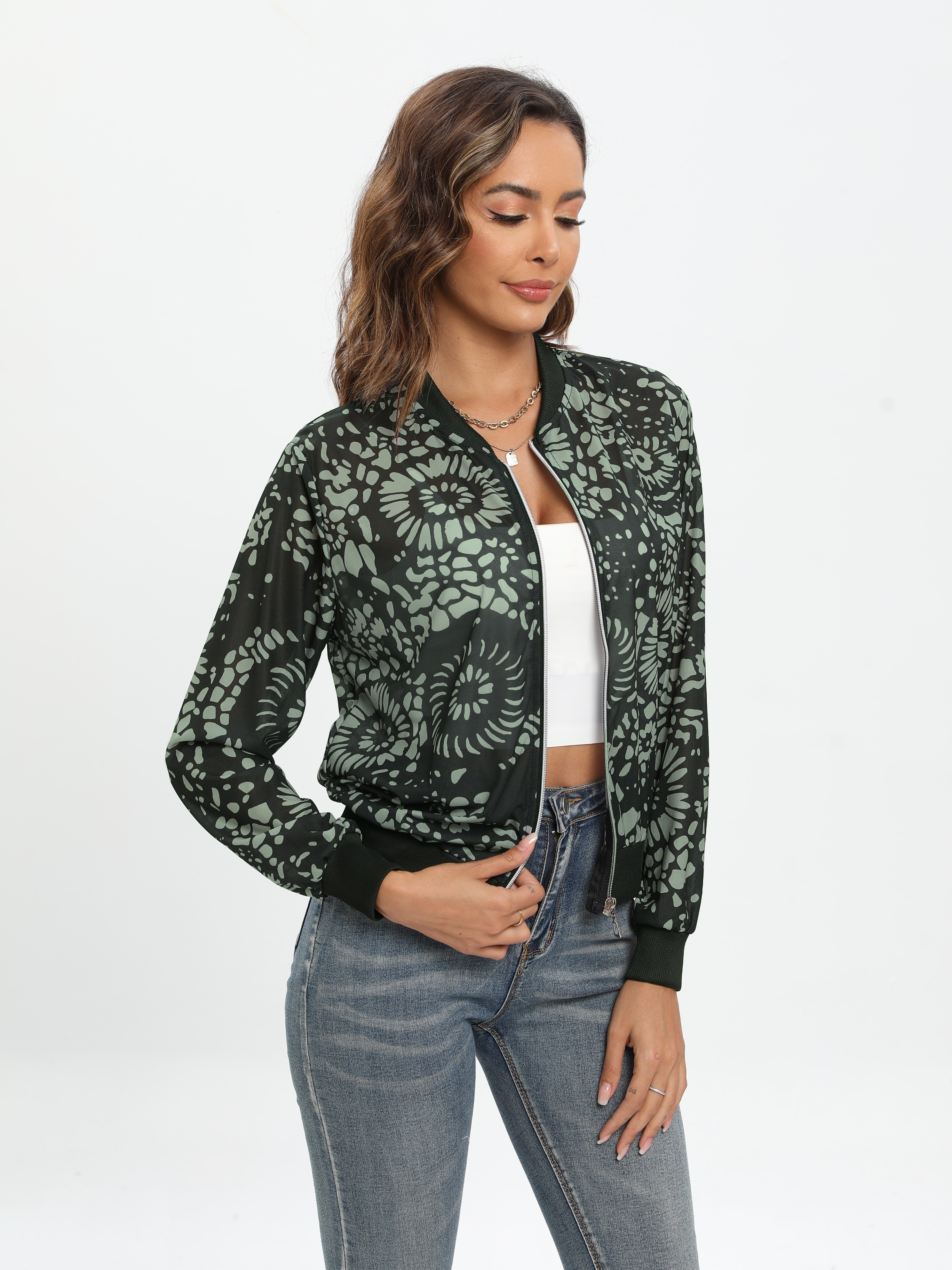 Plant Print Semi-sheer Lightweight Jacket, Casual Zip Up