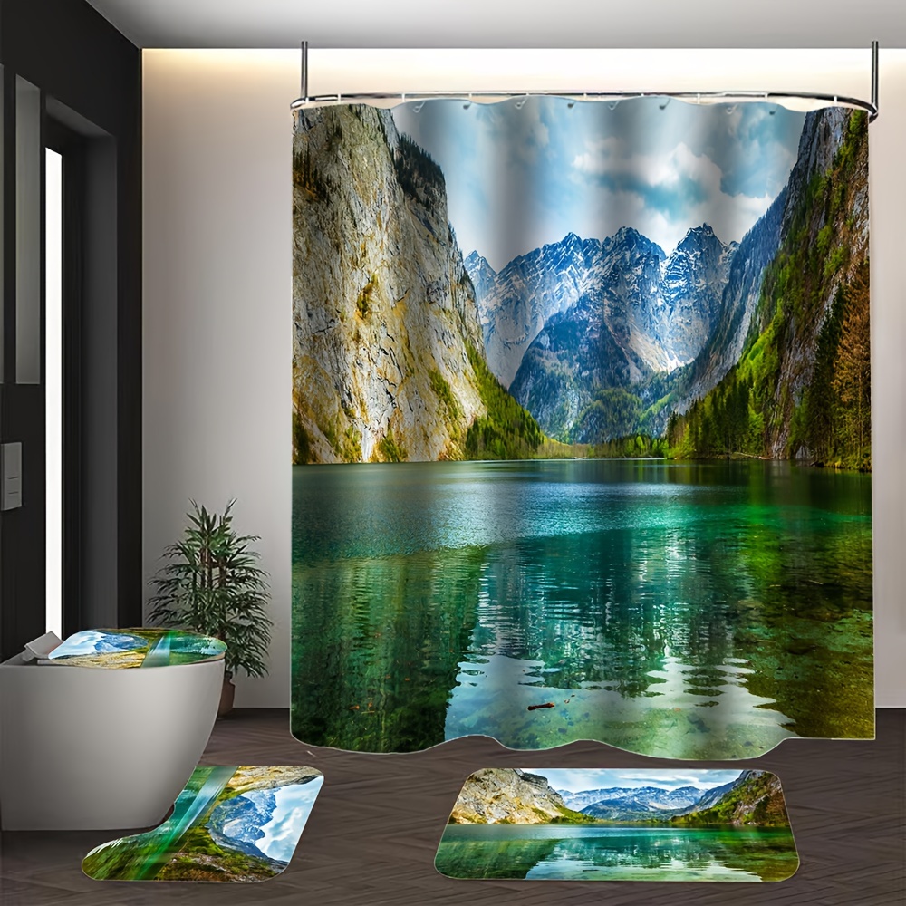 4pcs Landscape Print Shower Curtain Set, Bathroom Rug, U-Shape Mat, Toilet  Lid Pad, Waterproof Curtain Including 12 Hooks, 70.8x70.8/180x180cm, Aesth