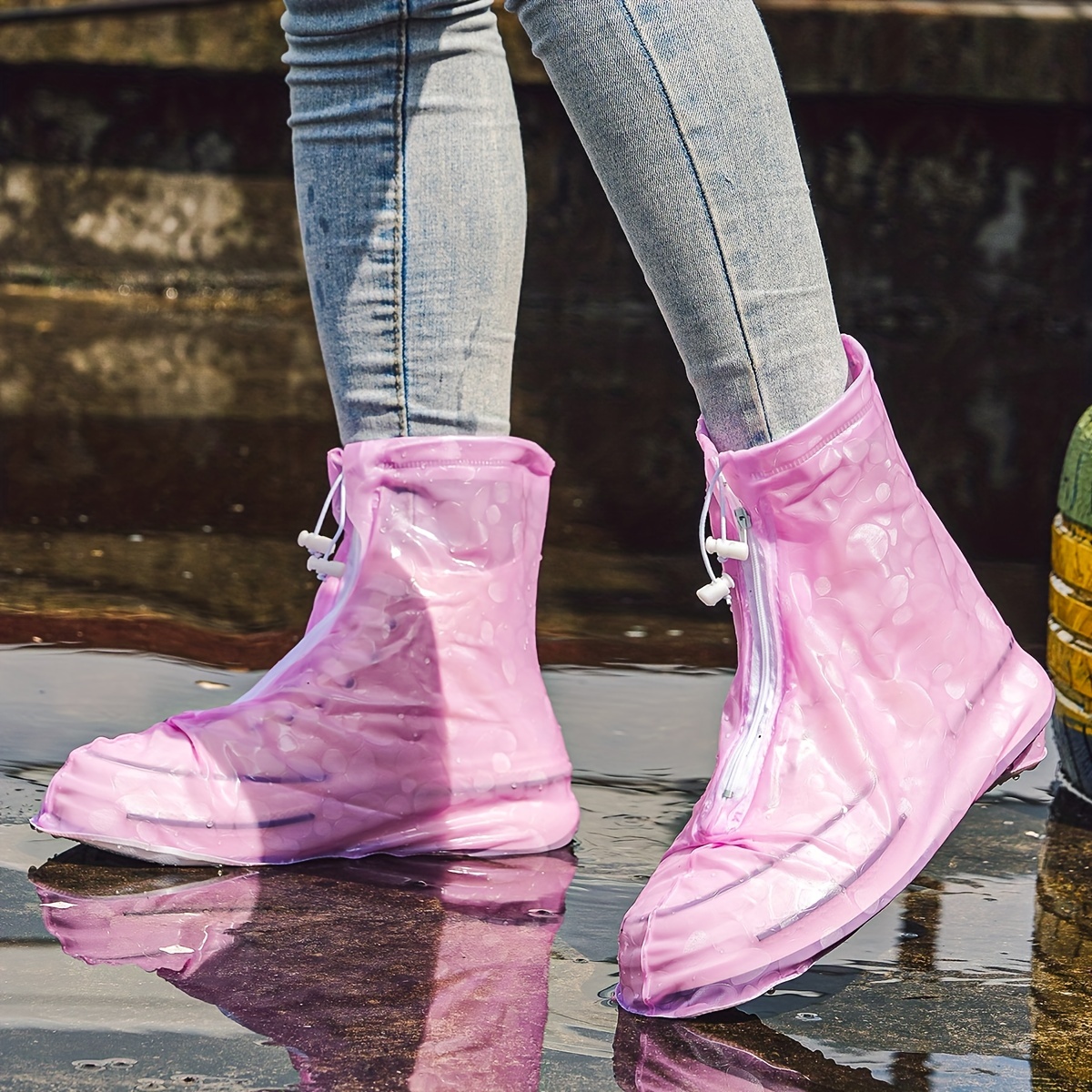 Flowers Print Plain Toe Block Heel Boot, Women's Waterproof Rain Drawstring Zipper Boot,Temu