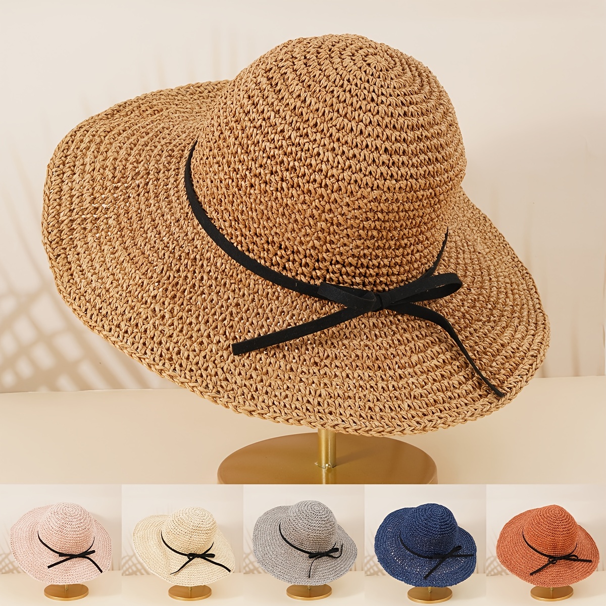Hollow Crochet Big Brim Straw Hat, Solid Color Thin Bow Tie Decor Beach Travel Sun Hat, Bucket Hats Casual Trendy Boho Hats,Temu