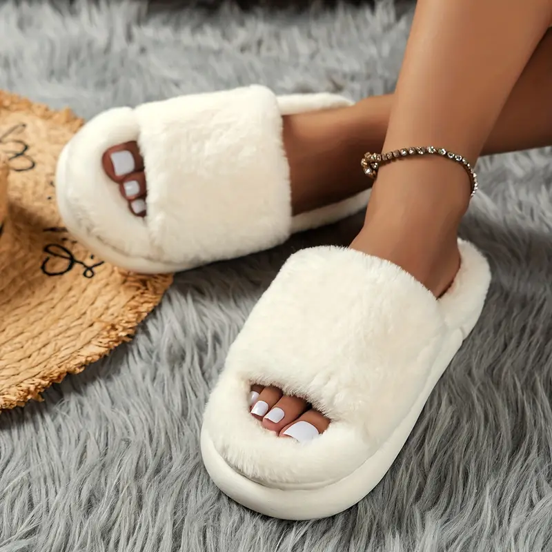 cozy fluffy furry house slippers single band open toe platform fuzzy shoes comfy warm home slippers 2