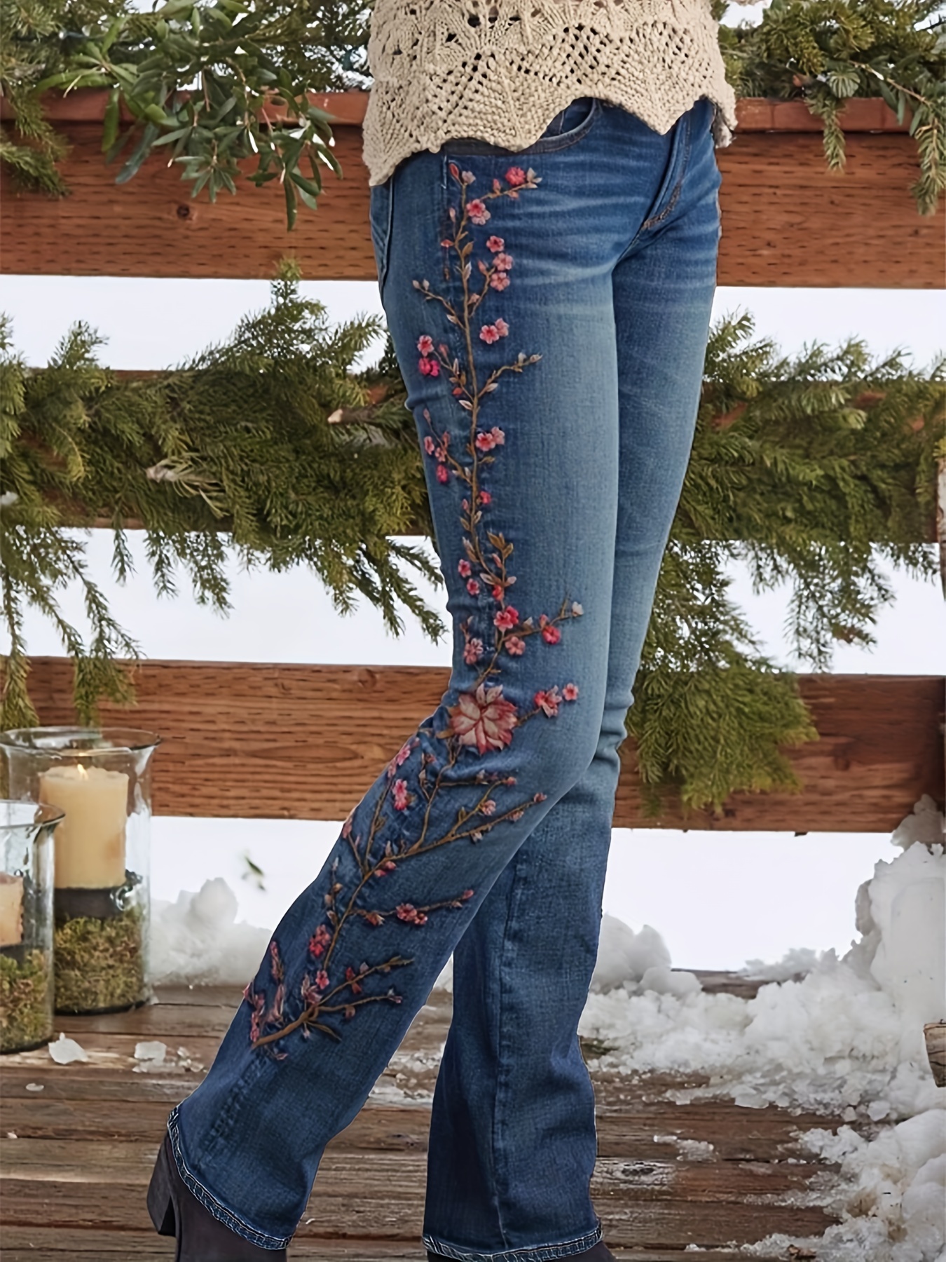 Floral Print High Waist Straight Jeans Slash Pockets High - Temu Hungary