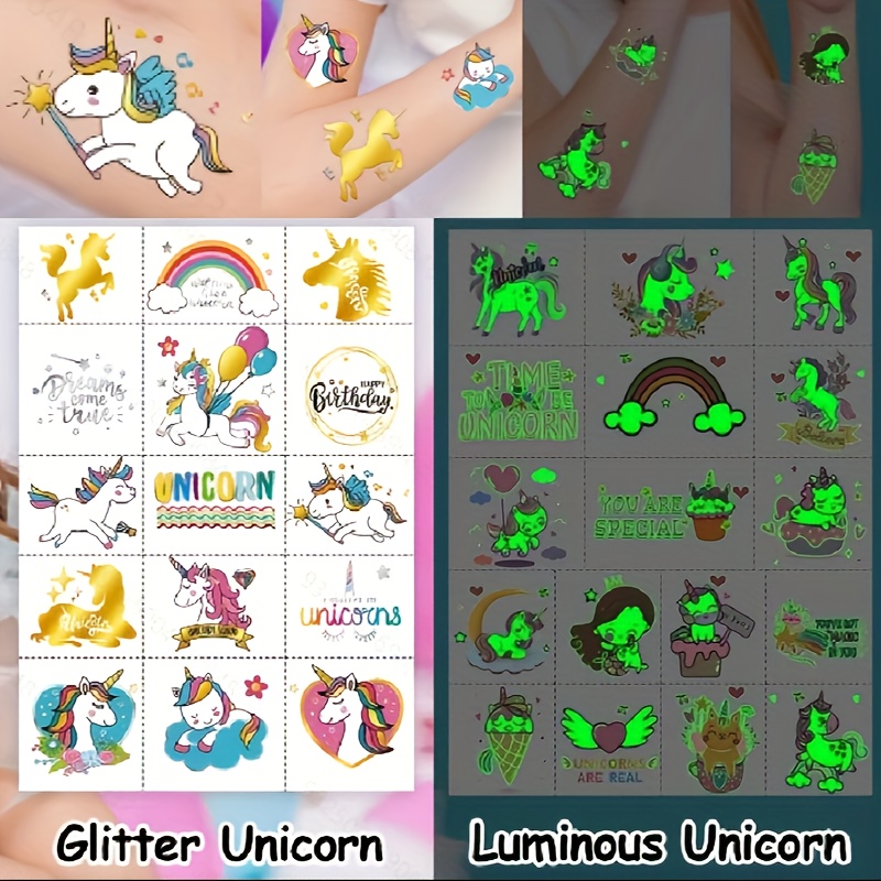Tatuajes de unicornio para niños, suministros de recuerdos de fiesta de  unicornio, tatuajes temporales para niños (brillo + purpurina metálica)