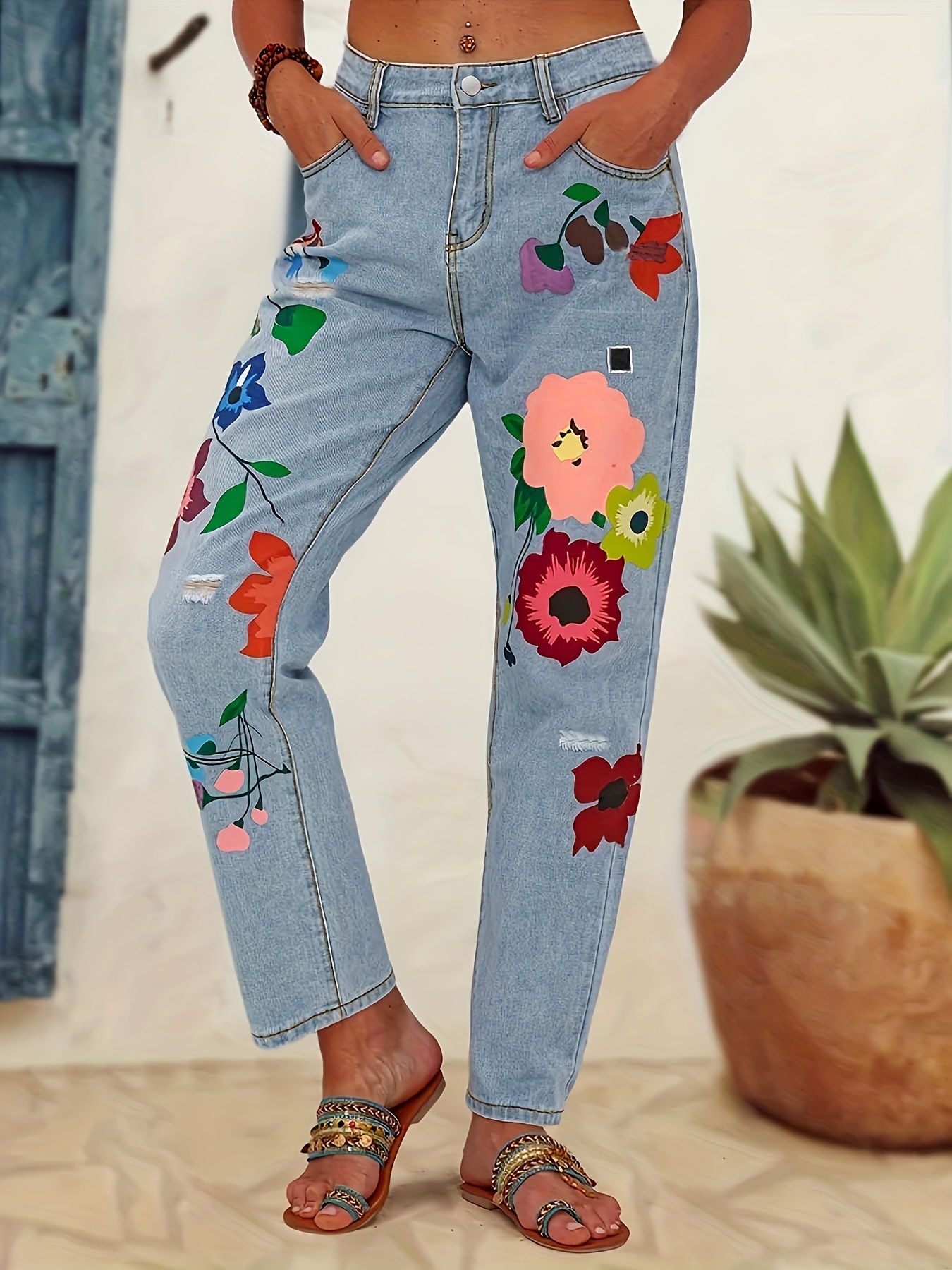 Calça Jeans Skinny Bordada Com Flores Azuis Rasgos Ajustados - Temu Portugal