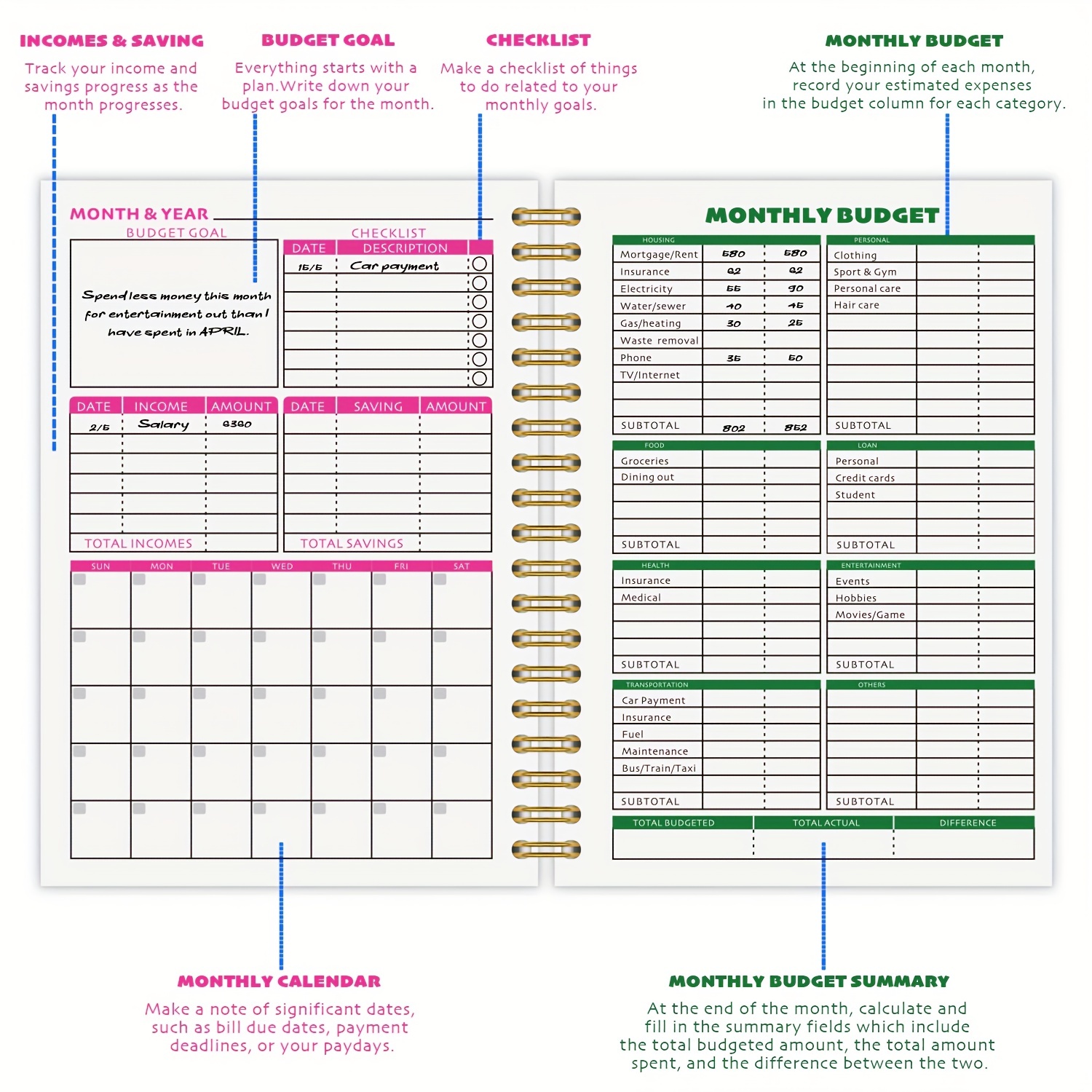 Cahier de planification et d'organisation faciles, 200 pages A5, argent,  budget, licence, journaux pour étudiants