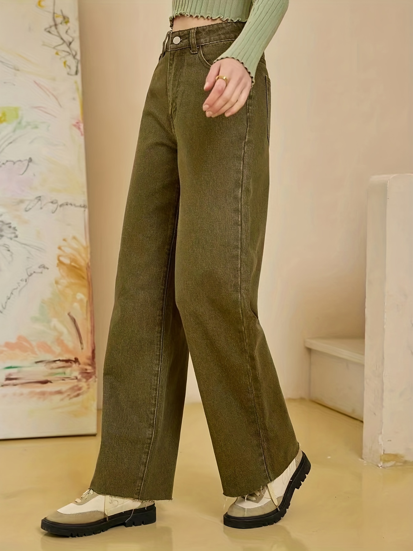 Women's Solid Mid Waisted Wide Leg Corduroy Pants Straight Casual