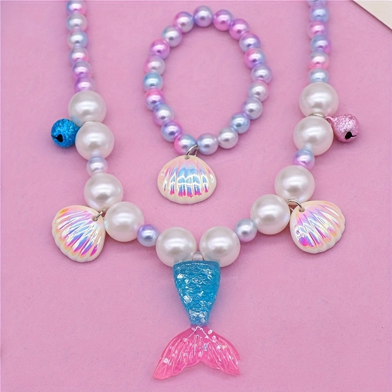 Girls Mermaid Tail Bag & Shell Pendant Bracelet Set