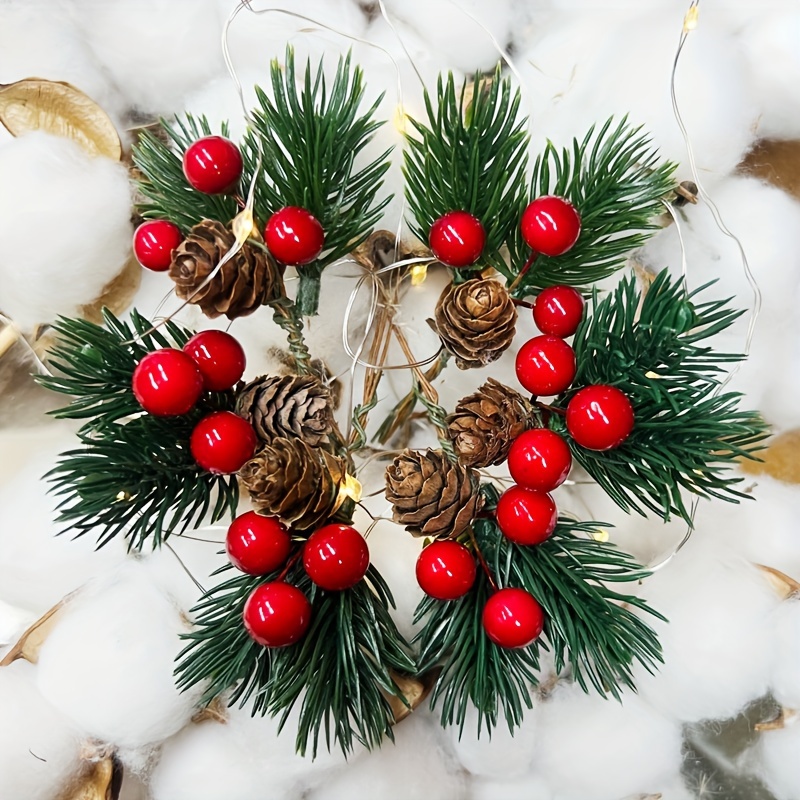 10Pcs Red Berry Stems Pine Branches Mini Artificial Pine Cone