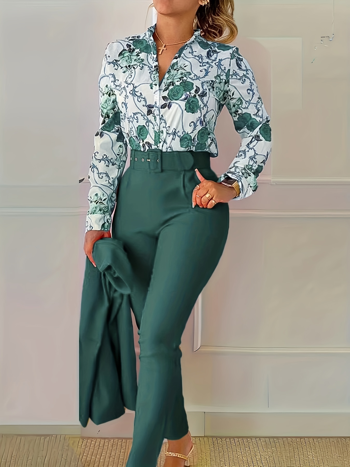 Floral Print V Neck Blouse & Tapered Pants Set