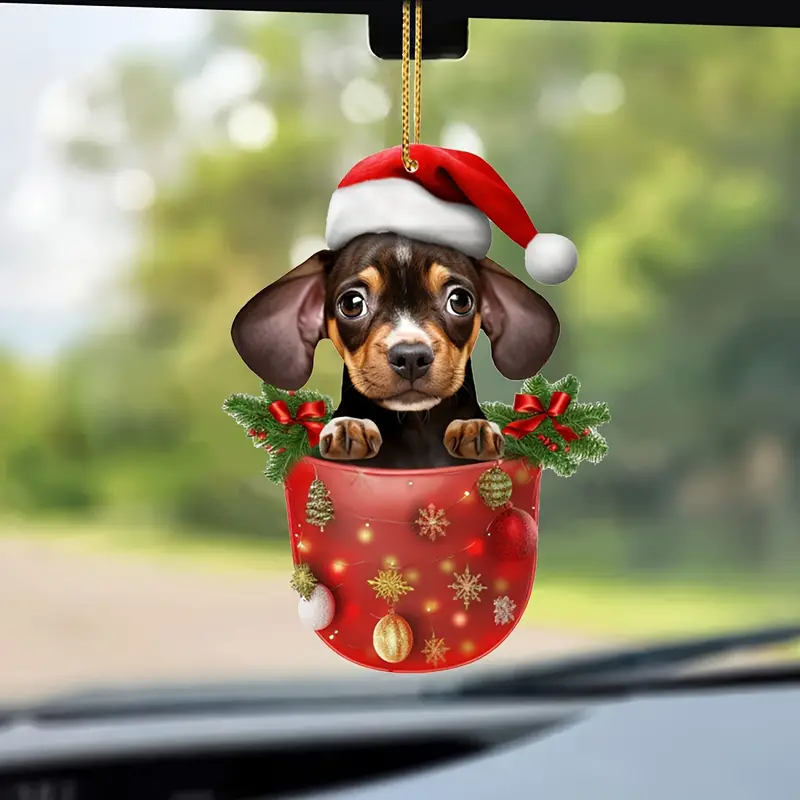 1pc Frohe Weihnachten Tasse Niedlicher Hund 2D Auto Anhänger