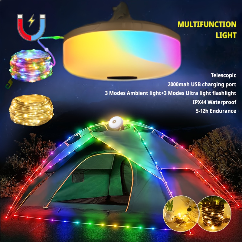 Portable Camping String Lights Retractable USB Rechargeable Lamps  Waterproof