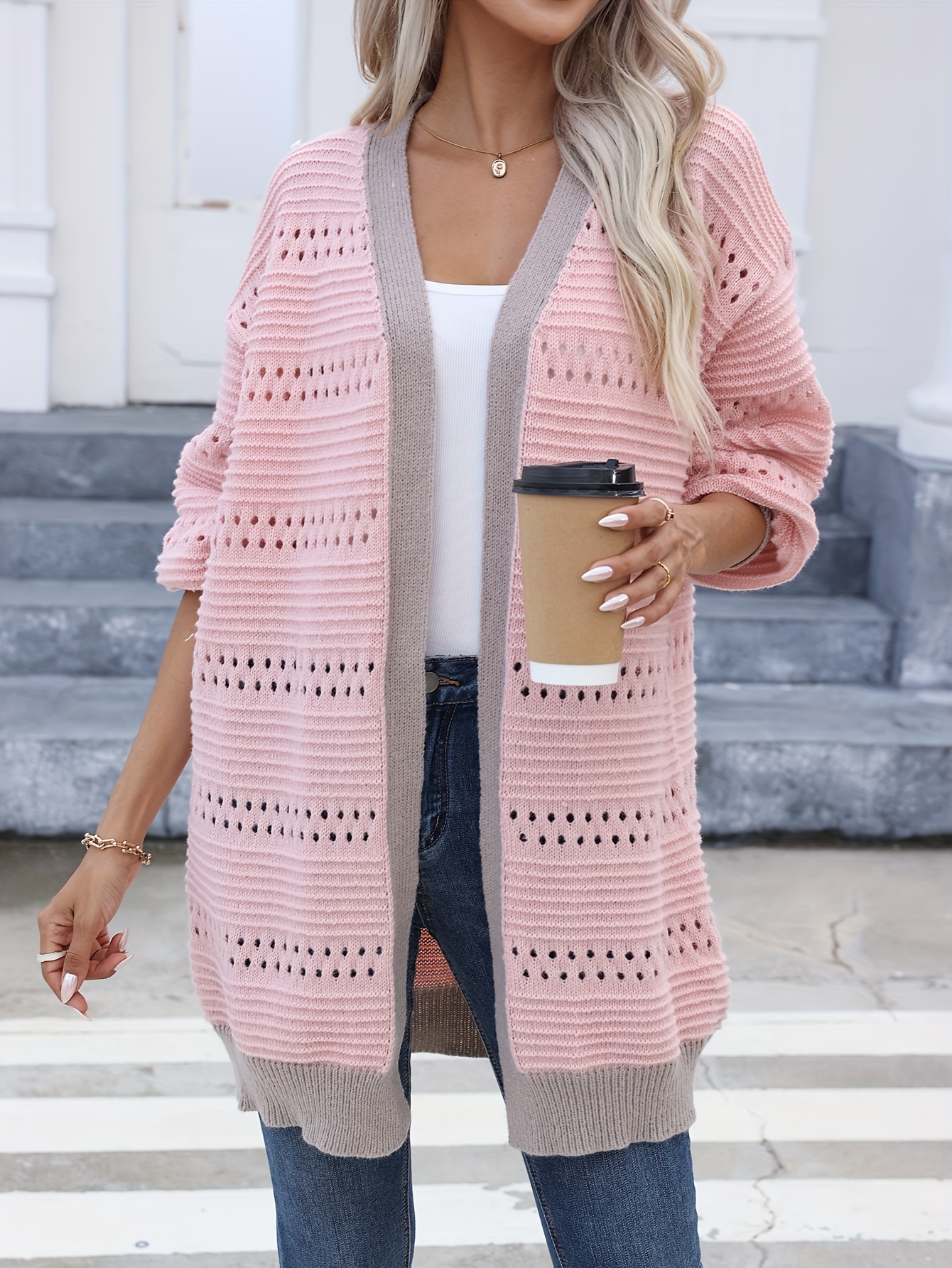 Contrast Trim Open Front Pointelle Knit Cardigan Casual Long - Temu Canada
