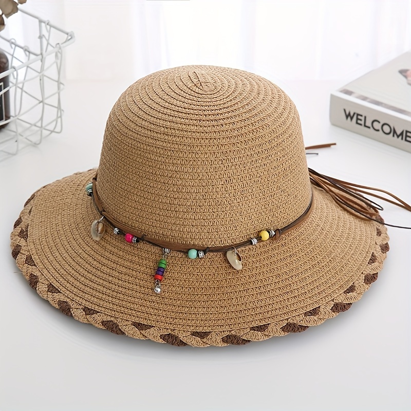 Braided Trim Wide Brim Hat, Shell Beads Decor Sun Protection Vacation Fashion Straw Hat for Women,Temu