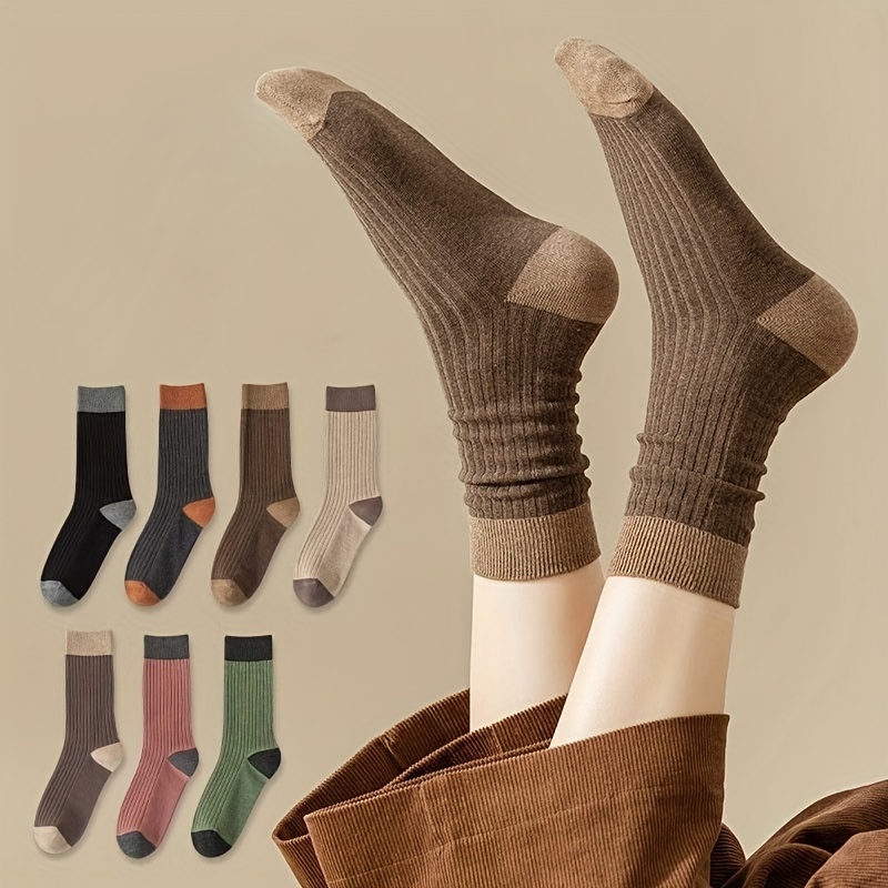 

7 Pairs Colorblock Ribbed Socks, Comfy & Soft All-match Mid Tube Socks, Women's Stockings & Hosiery