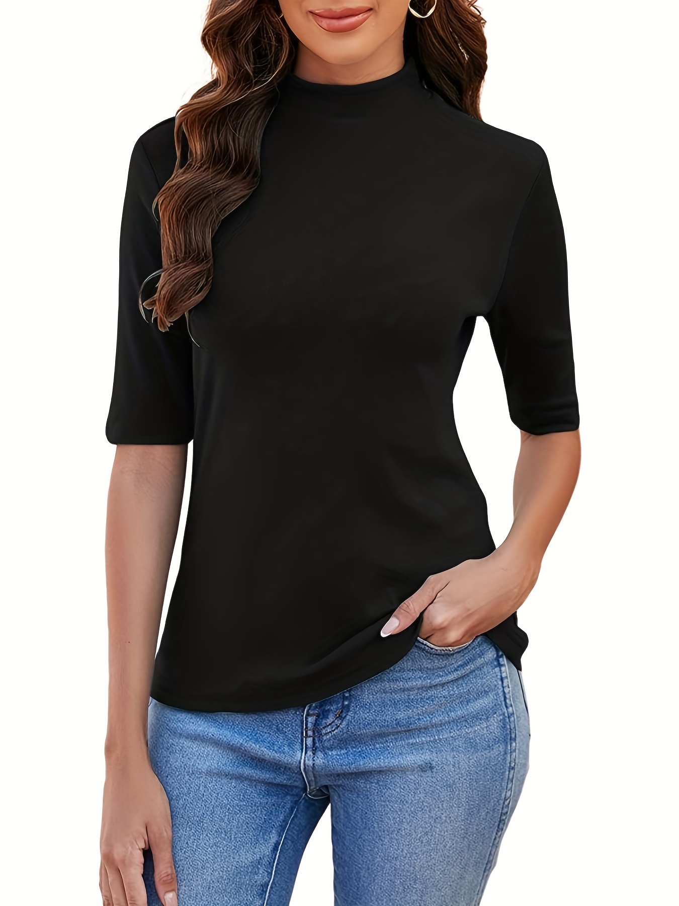 Women's High-Neck Half-Sleeve Turtleneck T-Shirt - Stretchy Slim Fit Casual Top, Solid Black, Machine Washable for Spring/Fall Layering, Casual Attire Top, Versatile Fashion Top, Stretchy Fabric Top