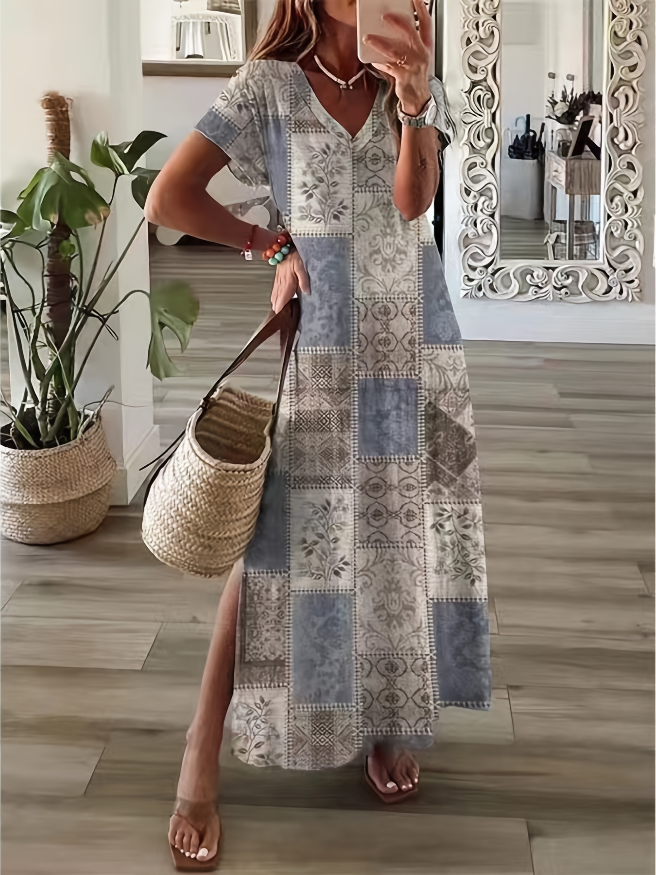 Plus Size Boho Dress, Women's Plus Graphic Print Short Sleeve V Neck Medium  Stretch Maxi Dress