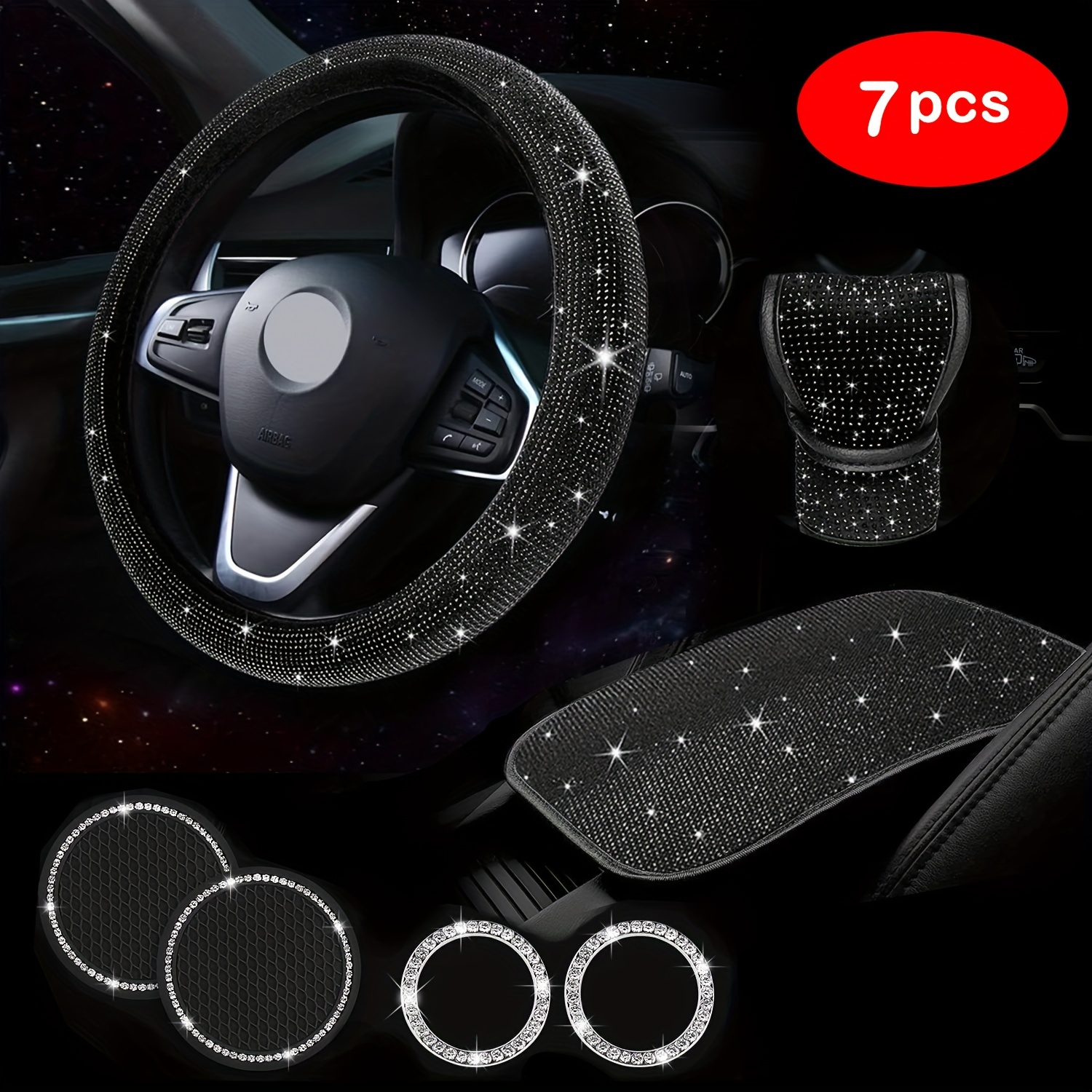 Car Decoration Kit, Car Accessories, Car Steering Wheel Covers Set For  Women, Bling White Artificial Diamond, Center Console Cover Pad Temu