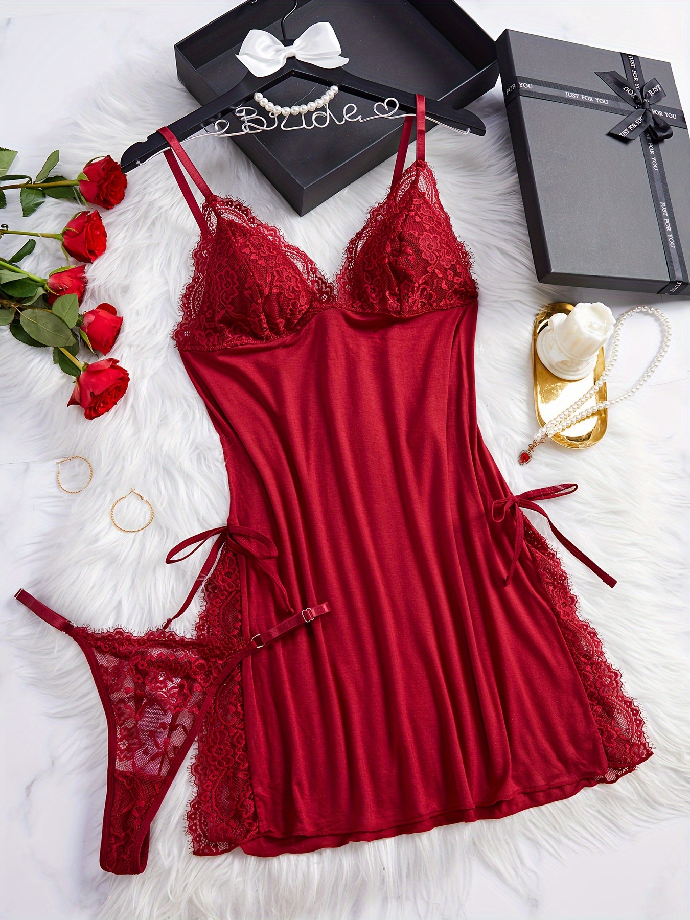 Sexy Solid Contrast Lace Slip Nightdress Bow Knot Decor - Temu Canada